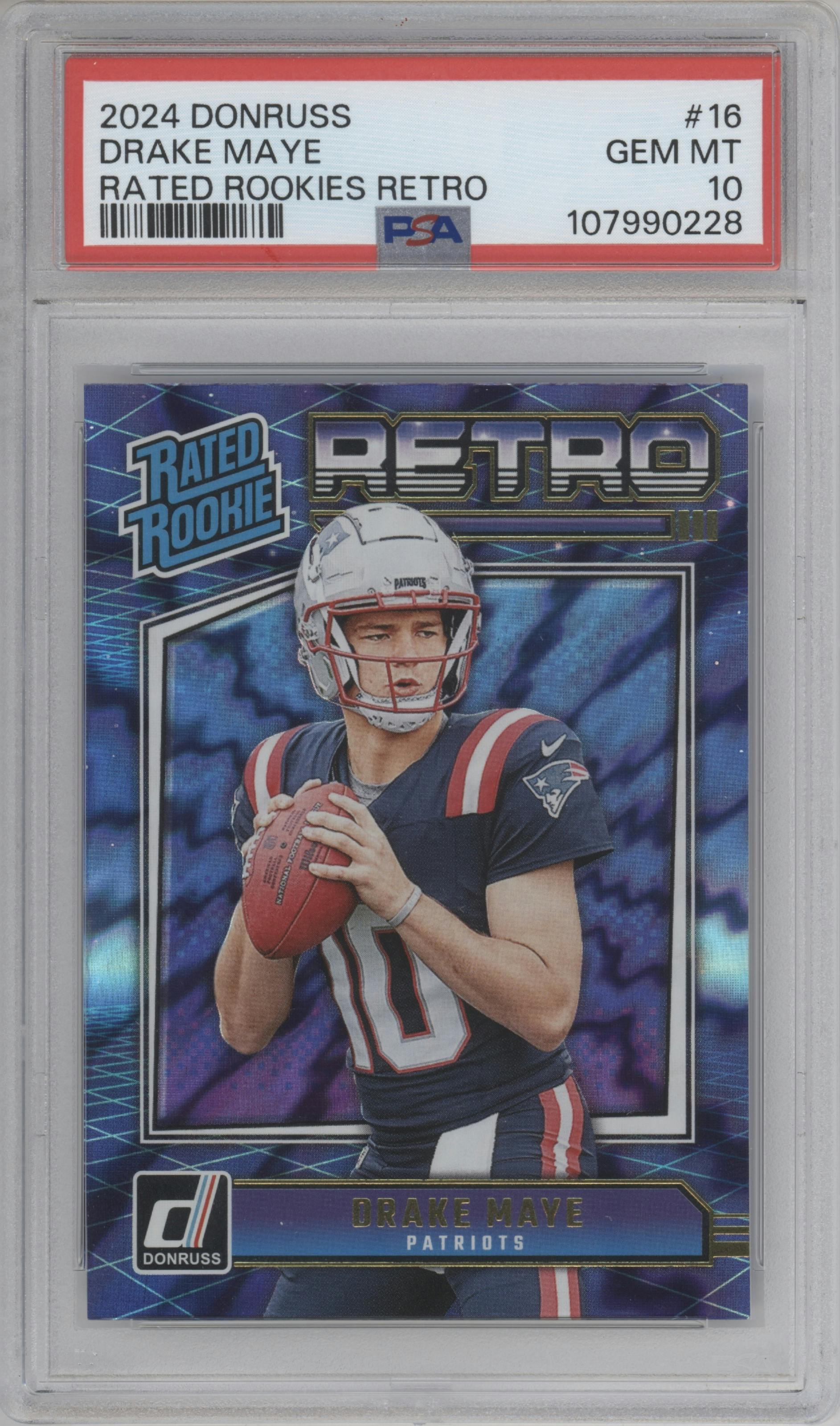 Drake Maye from the 2024 Donruss set graded by PSA and given an overall grade of 10.
