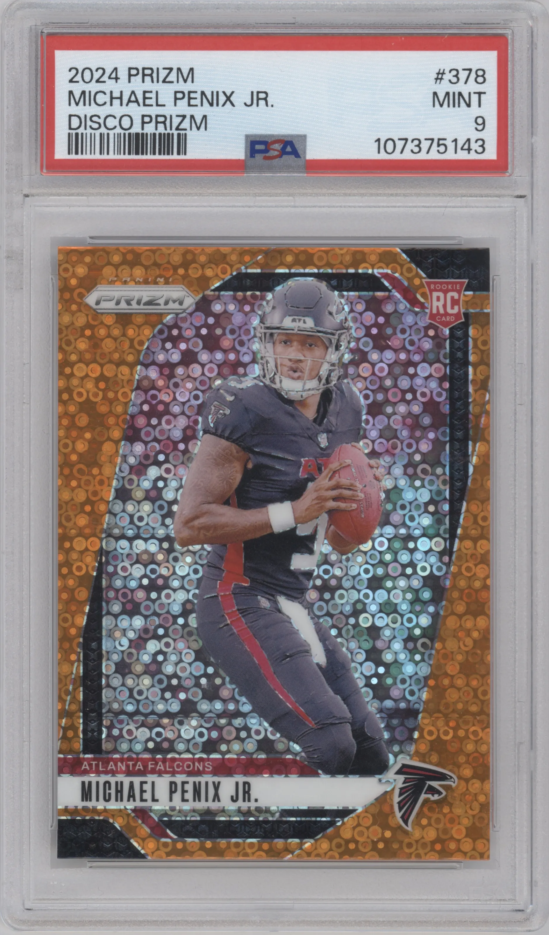 Michael Penix Jr. from the 2024 Panini Prizm set featuring a Disco parallel graded by PSA and given an overall grade of 9.