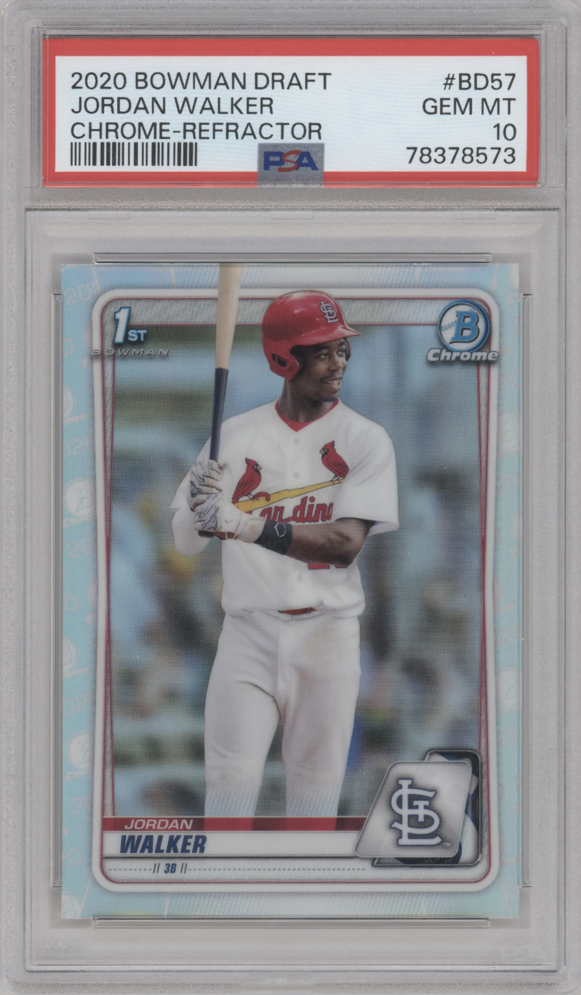 Jordan Walker from the 2020 Bowman Draft set featuring a Refractor parallel graded by PSA and given an overall grade of 10.