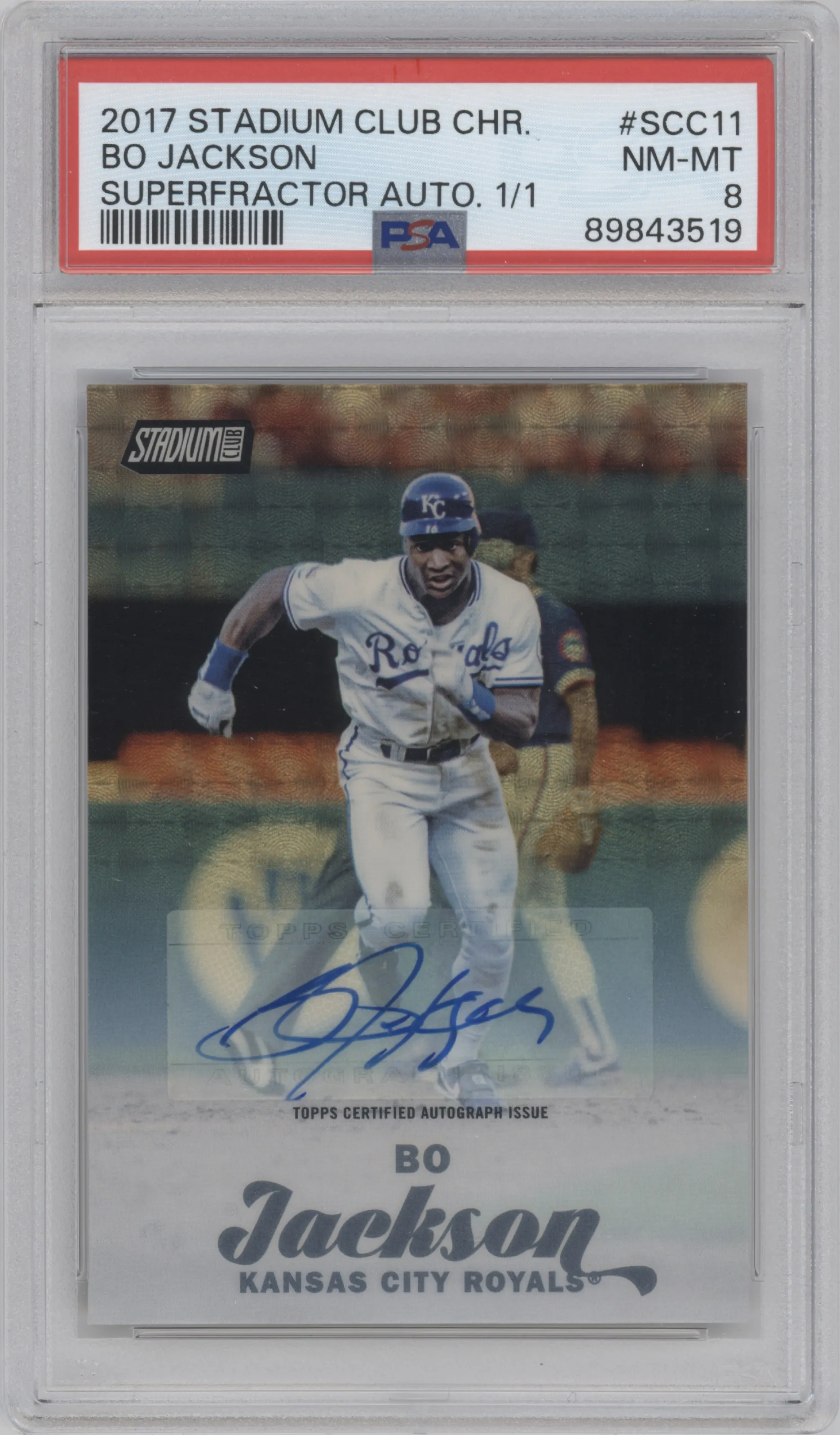 Bo Jackson from the 2017 Topps Stadium Club set featuring a SuperFractor parallel graded by PSA and given an overall grade of 8.