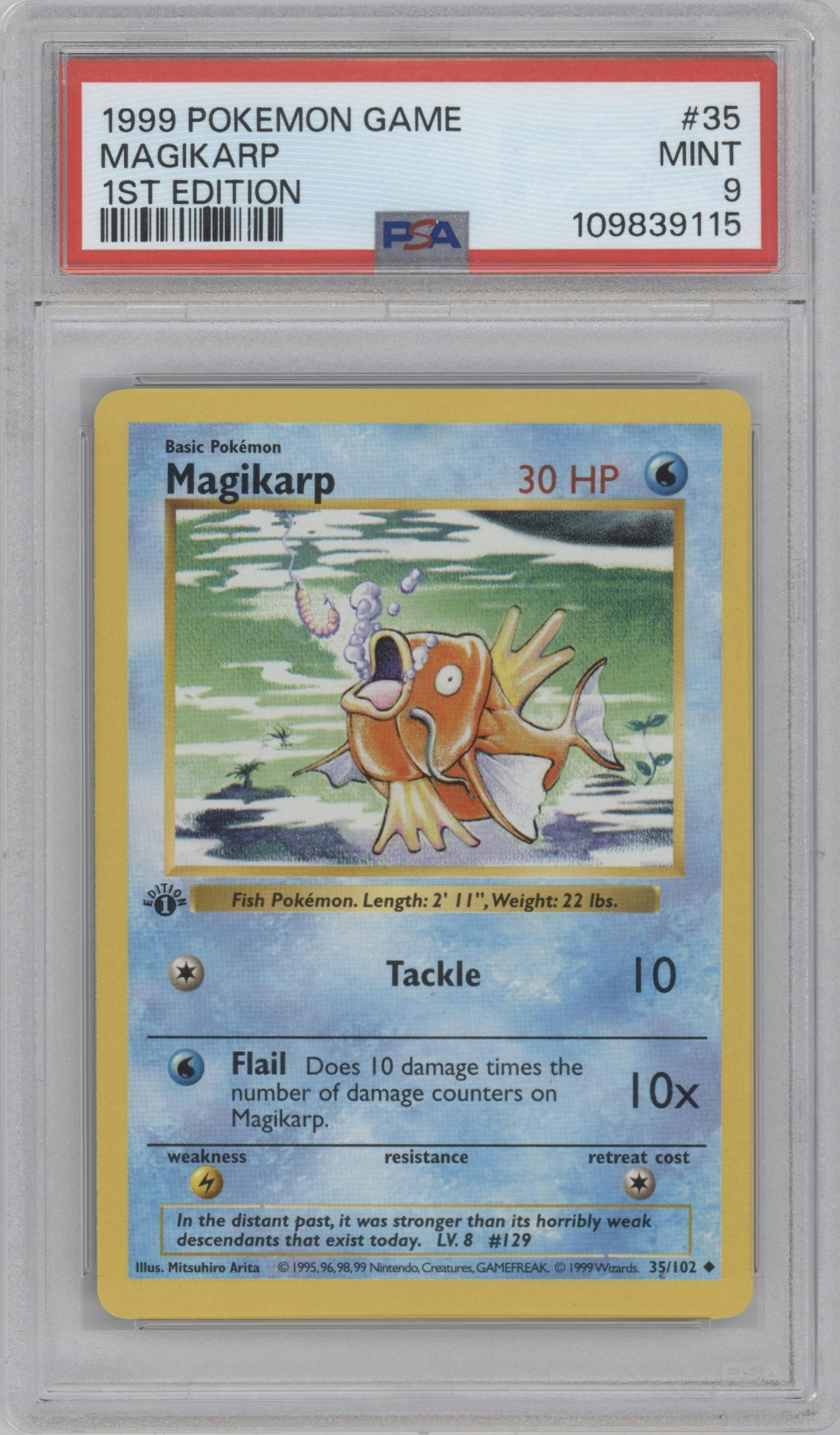 Magikarp from the 1999 Pokemon set graded by PSA and given an overall grade of 9.
