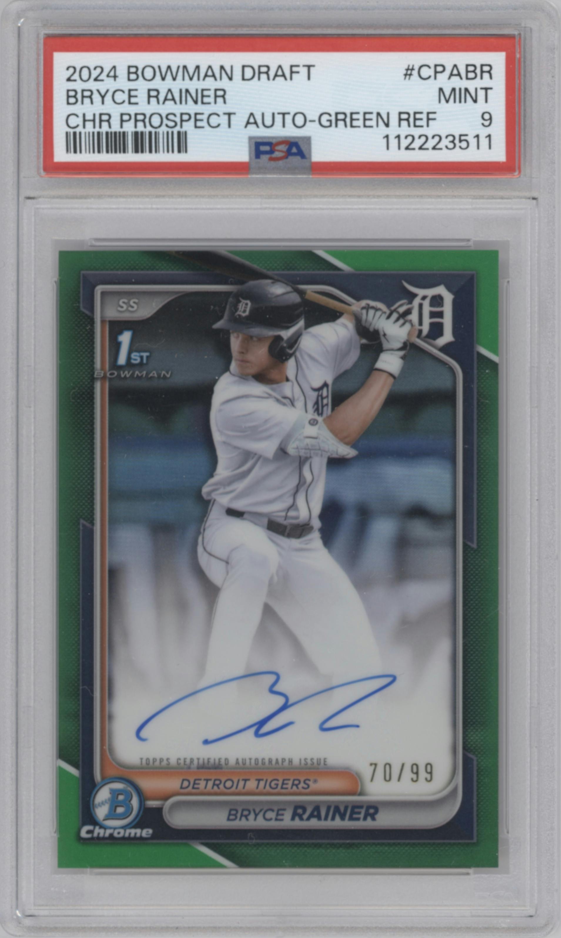 Bryce Rainer from the 2024 Bowman Draft set featuring a Green Refractor parallel graded by PSA and given an overall grade of 9.