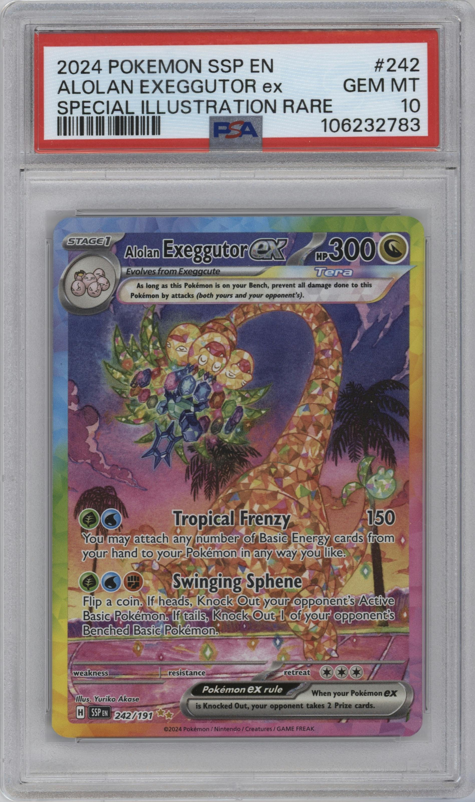 Alolan Exeggutor ex from the 2024 Pokemon SV set graded by PSA and given an overall grade of 10.