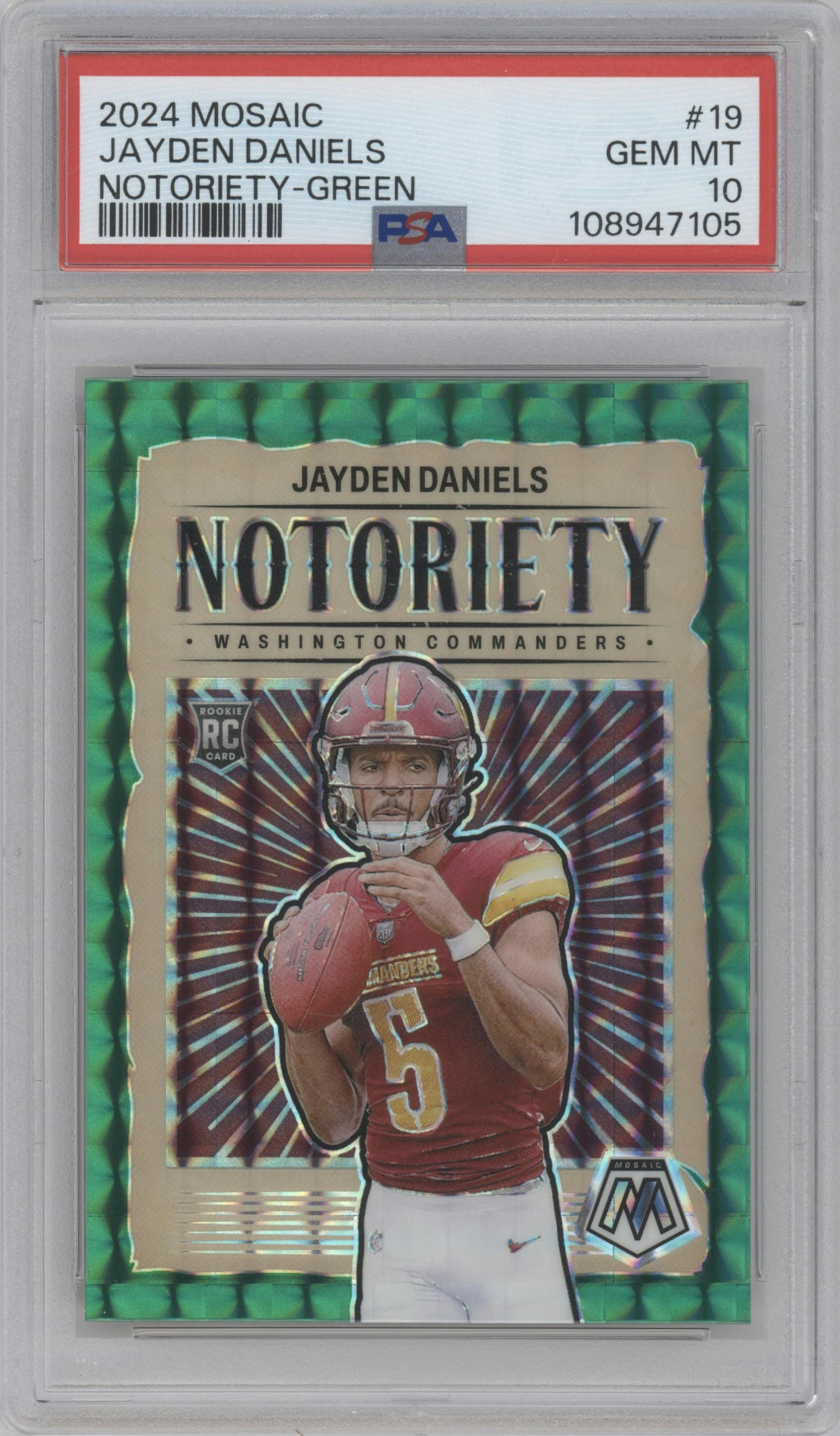 Jayden Daniels from the 2024 Panini Mosaic set featuring a Green Mosaic parallel graded by PSA and given an overall grade of 10.