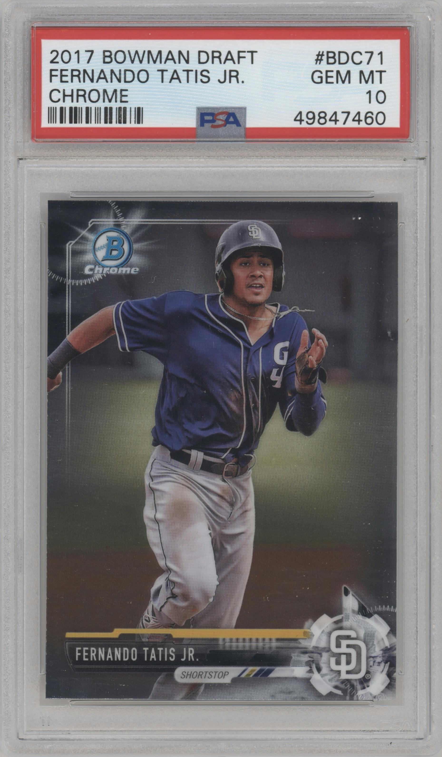 Fernando Tatis Jr. from the 2017 Bowman Draft set graded by PSA and given an overall grade of 10.