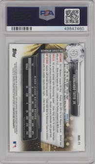 Fernando Tatis Jr. from the 2017 Bowman Draft set graded by PSA and given an overall grade of 10.