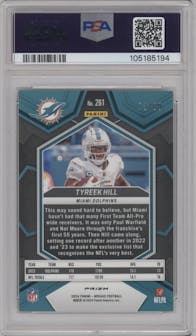 Tyreek Hill from the 2024 Panini Mosaic set featuring a Choice Red/Yellow Fusion parallel graded by PSA and given an overall grade of 10.