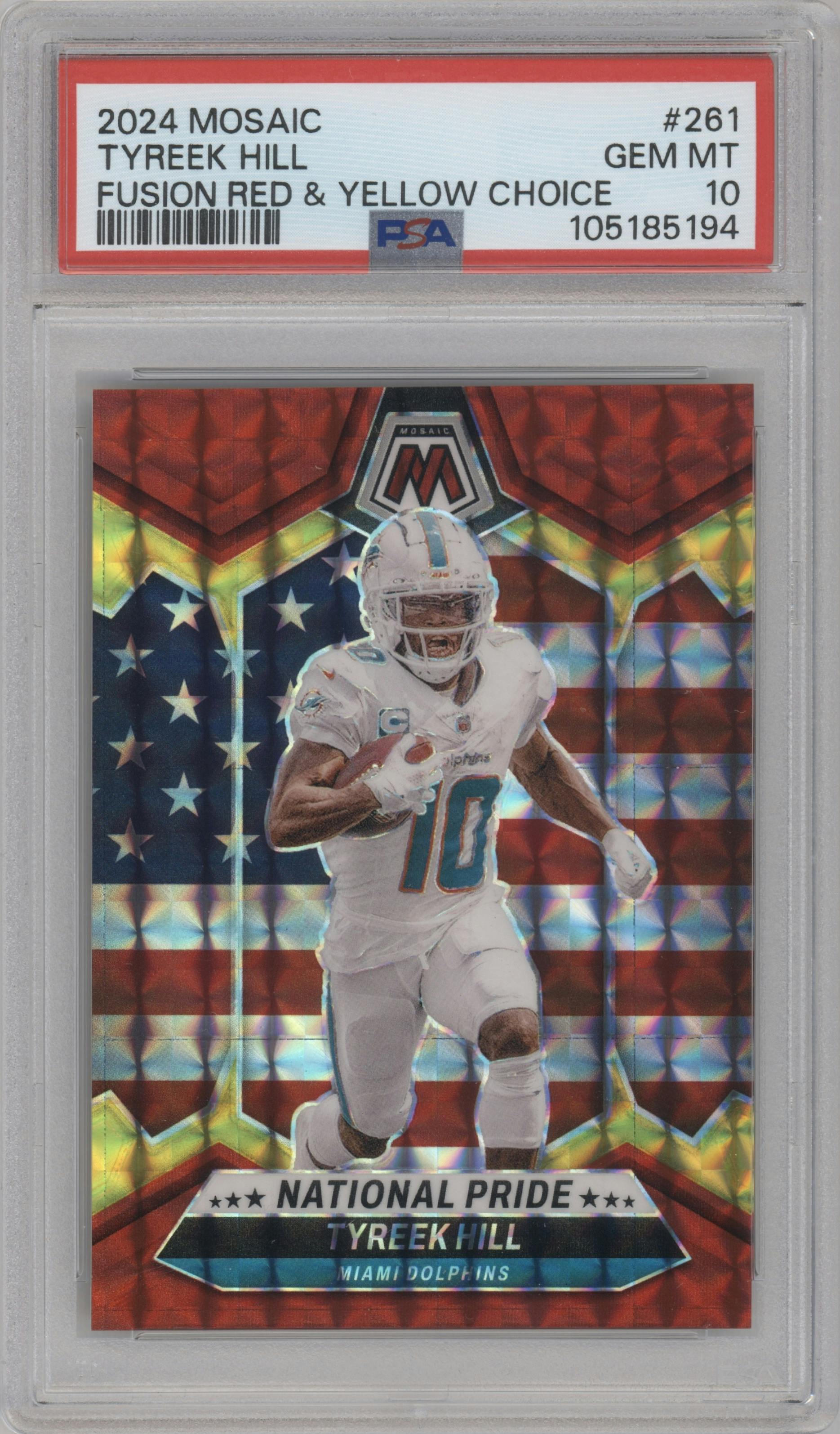 Tyreek Hill from the 2024 Panini Mosaic set featuring a Choice Red/Yellow Fusion parallel graded by PSA and given an overall grade of 10.