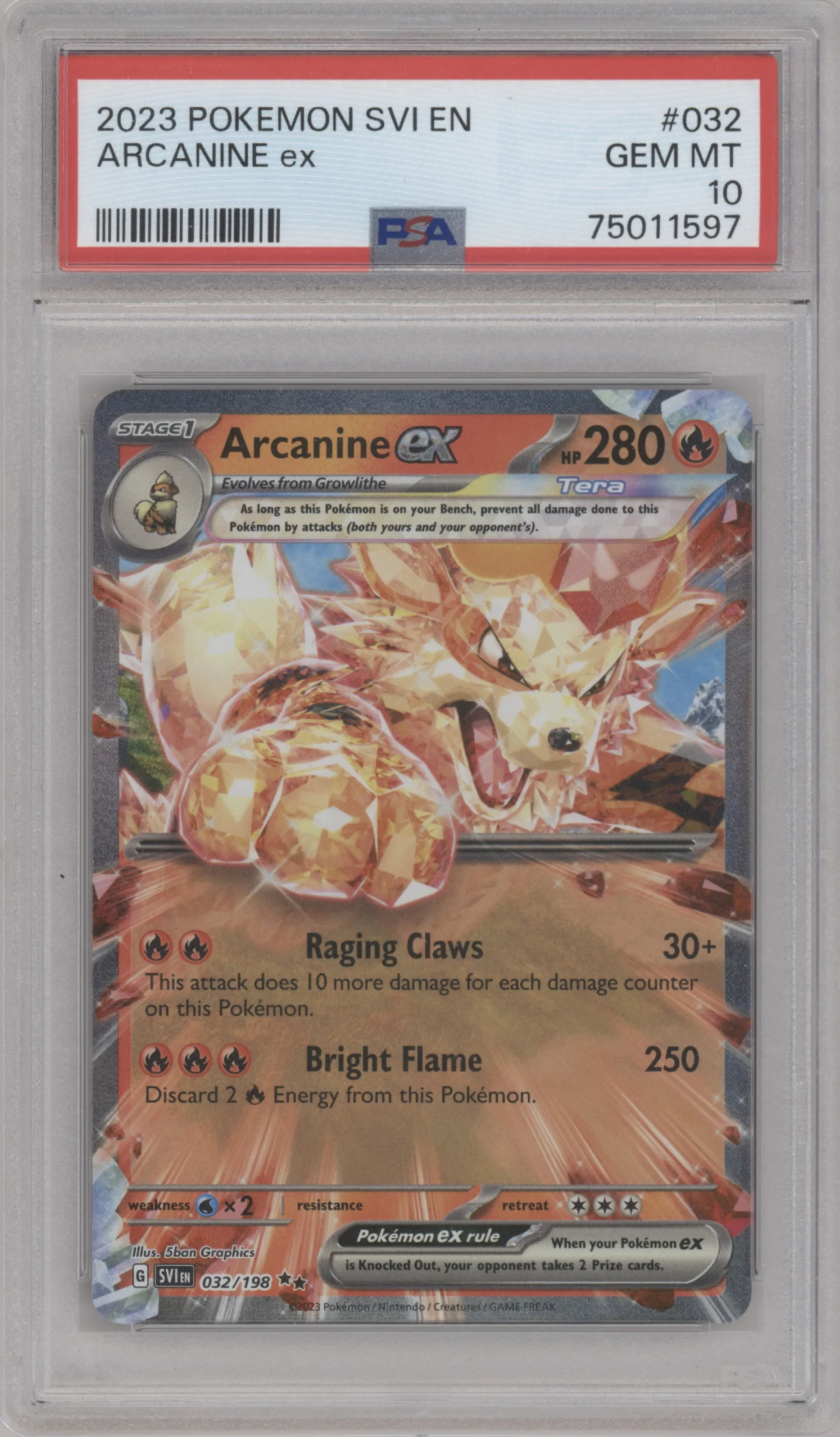 Arcanine EX from the 2023 Pokemon SV set graded by PSA and given an overall grade of 10.