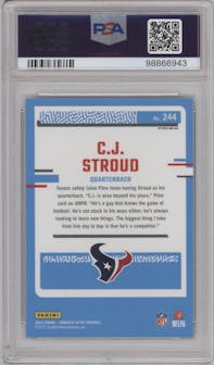 C.J. Stroud from the 2023 Donruss Optic set featuring a  Purple Shock parallel graded by PSA and given an overall grade of 10.