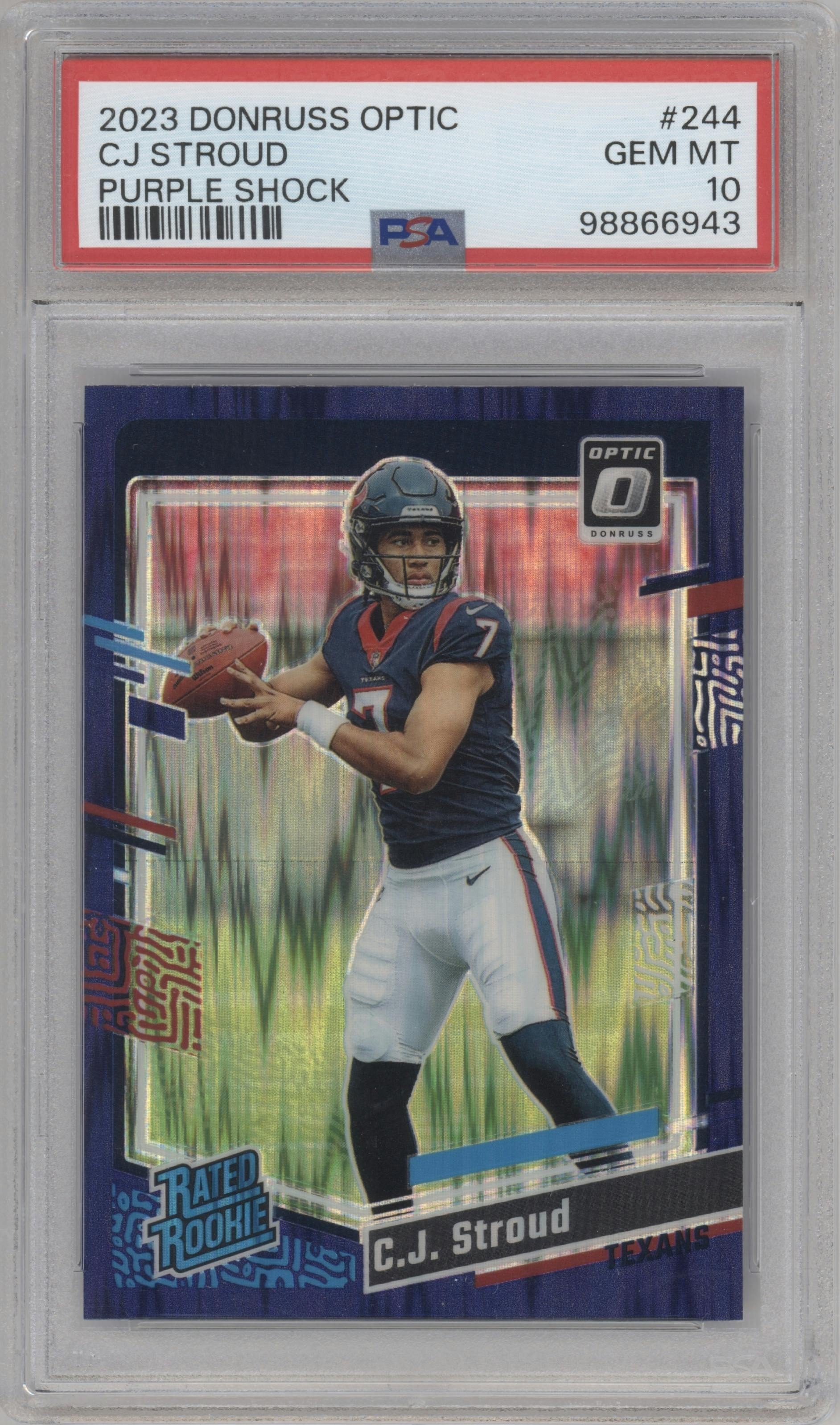 C.J. Stroud from the 2023 Donruss Optic set featuring a  Purple Shock parallel graded by PSA and given an overall grade of 10.