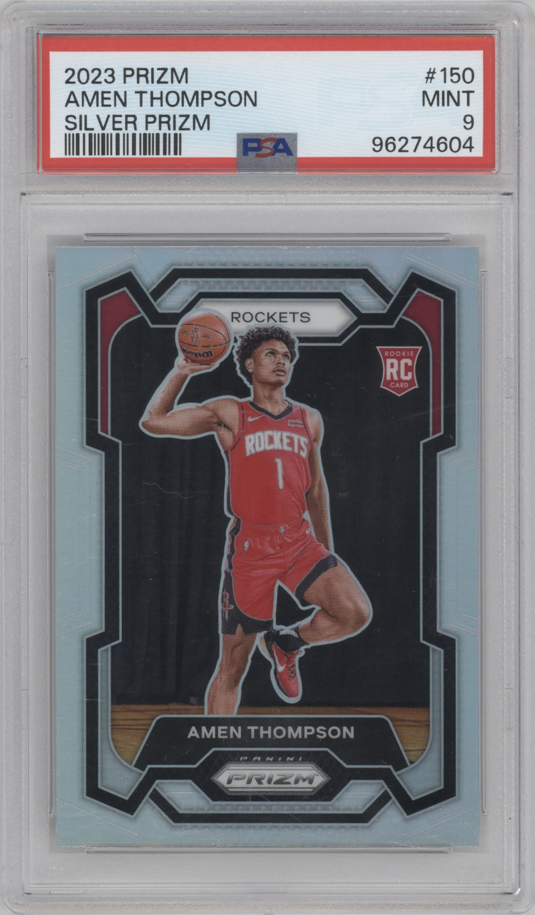 Amen Thompson from the 2023-24 Panini Prizm set featuring a Silver Prizm  parallel graded by PSA and given an overall grade of 9.