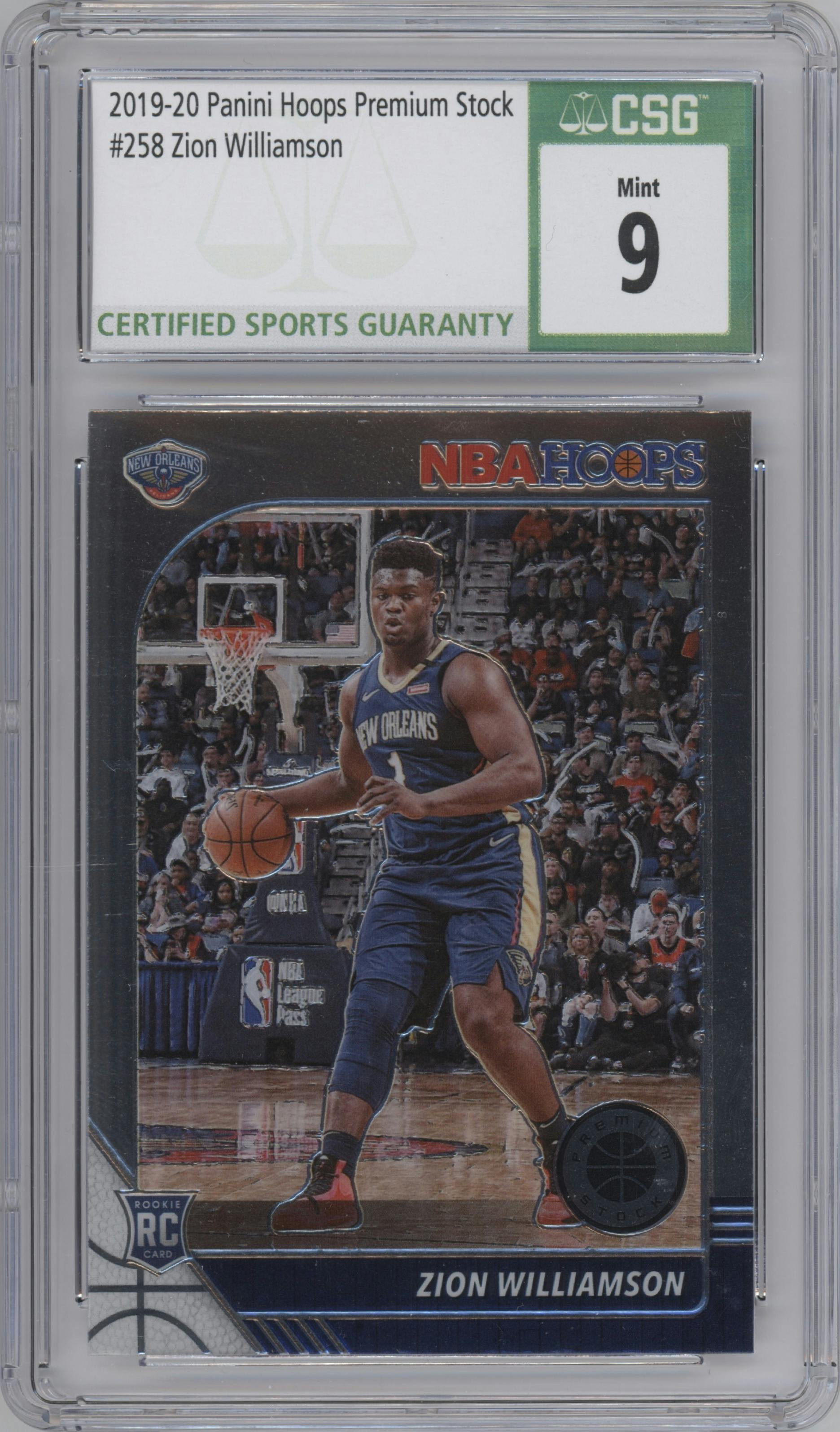 Zion Williamson from the 2019-20 Panini Hoops Premium Stock set graded by CSG and given an overall grade of 9.