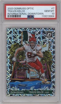 Travis Kelce from the 2023 Donruss Optic set graded by PSA and given an overall grade of 10.