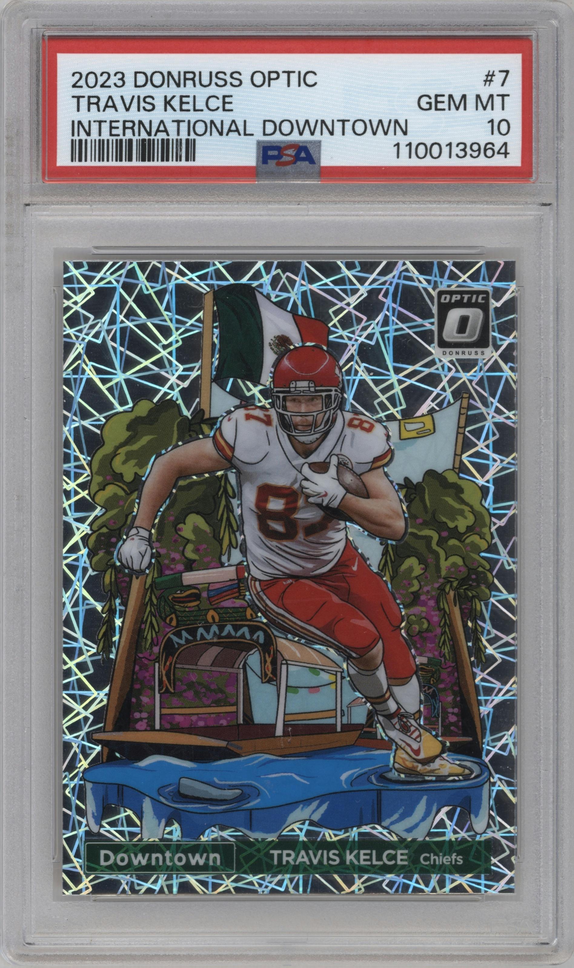 Travis Kelce from the 2023 Donruss Optic set graded by PSA and given an overall grade of 10.