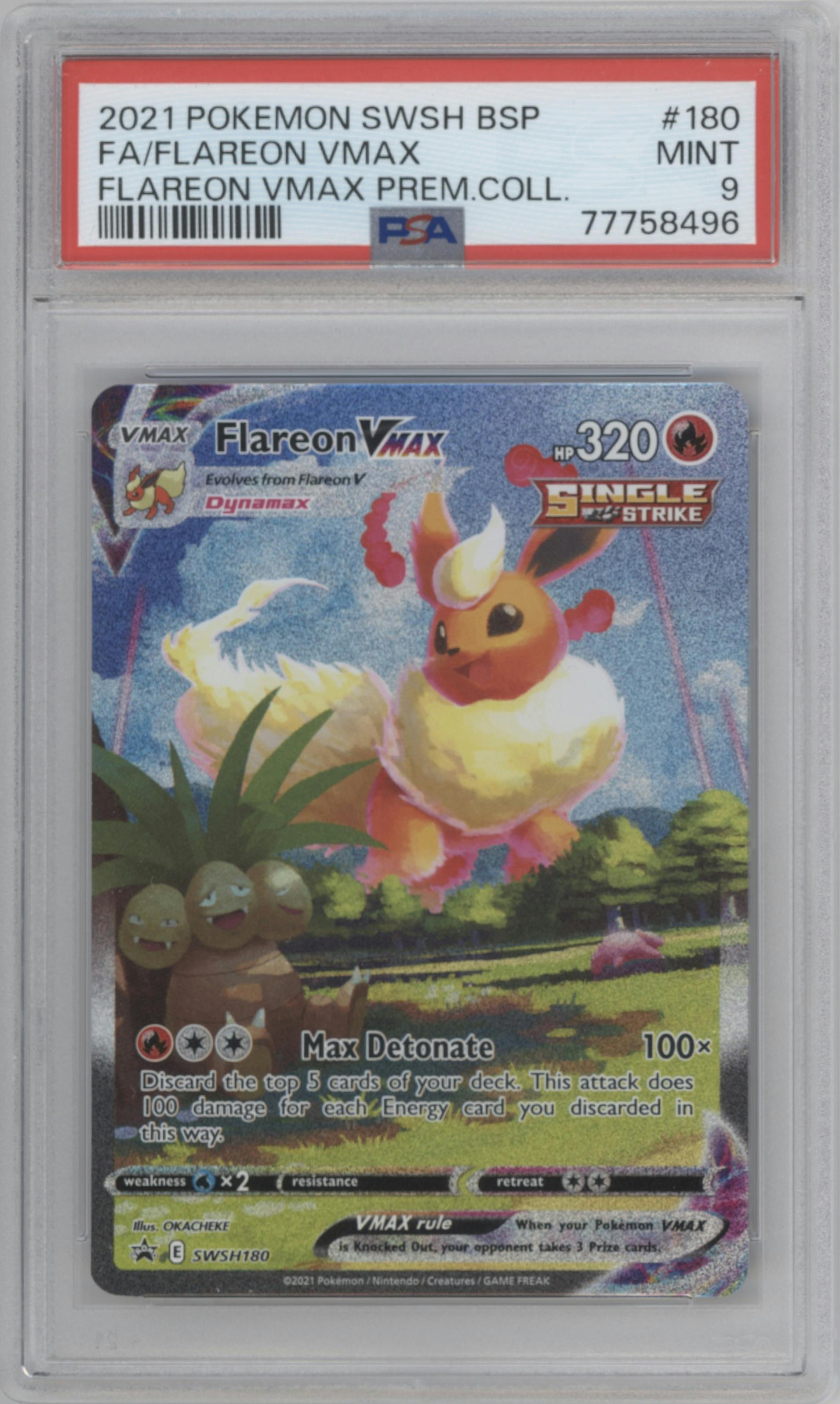 Flareon VMAX from the 2021 Pokemon SWSH set featuring a Flareon VMAX Premium Collection parallel graded by PSA and given an overall grade of 9.