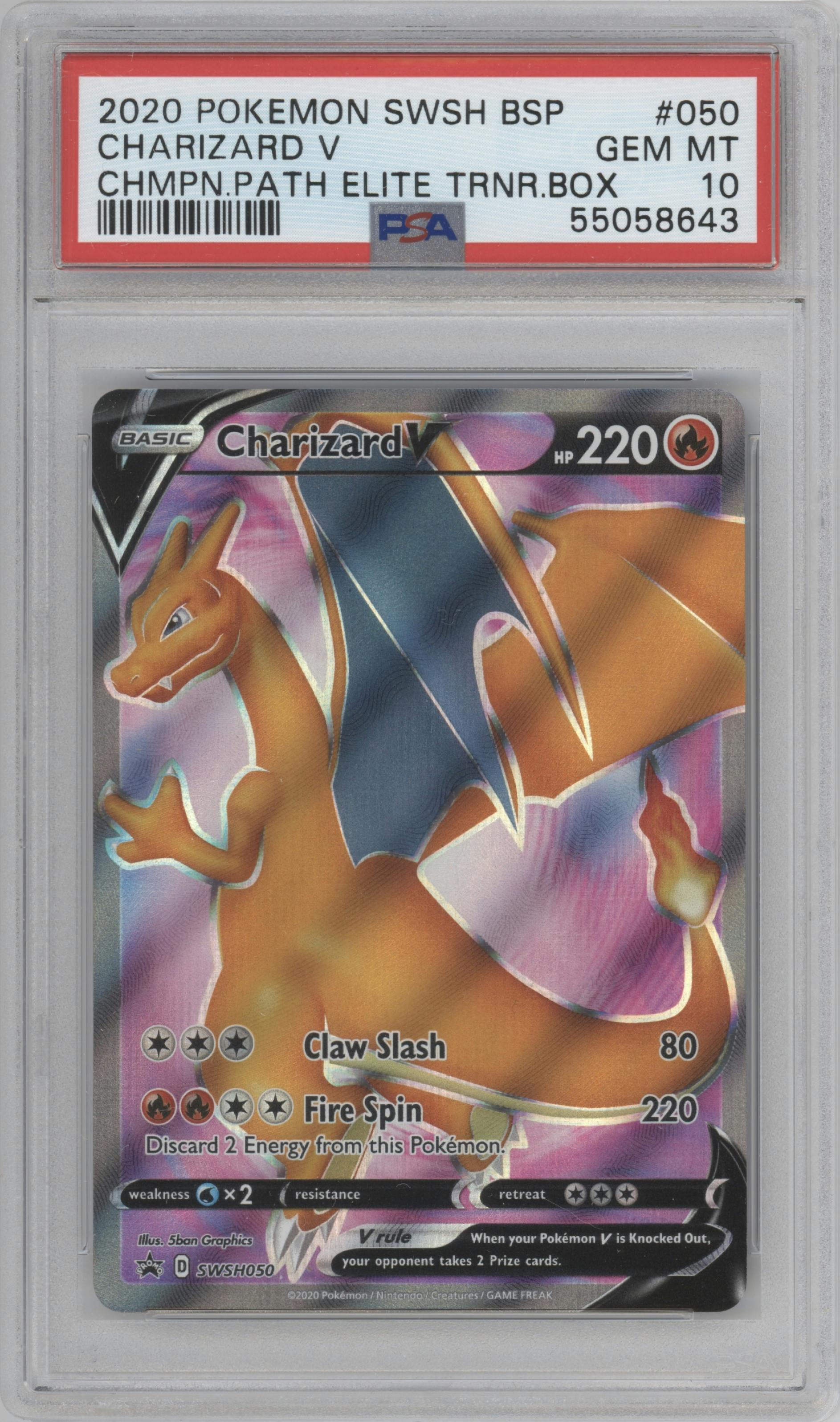 Charizard V from the 2020 Pokemon SWSH set featuring a Champion's Path ETB parallel graded by PSA and given an overall grade of 10.