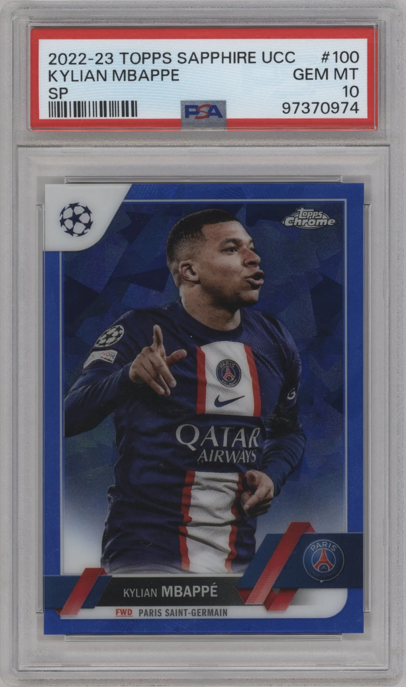 2022 Topps Chrome Sapphire Edition UEFA Club Competitions Variation Kylian Mbappe #100 PSA 10