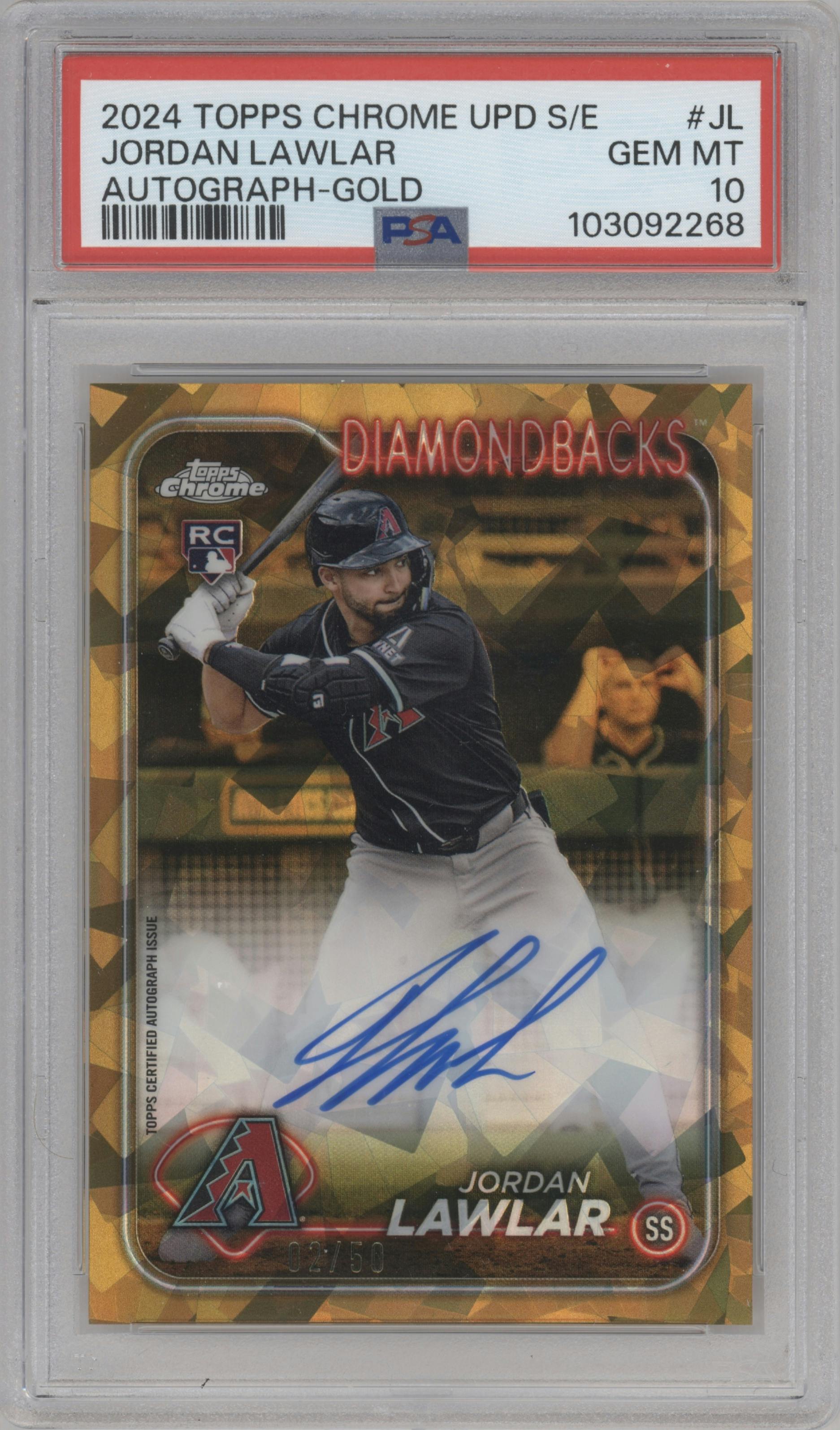 Jordan Lawlar from the 2024 Topps Chrome Update Sapphire Edition set featuring a Gold Refractor parallel graded by PSA and given an overall grade of 10.