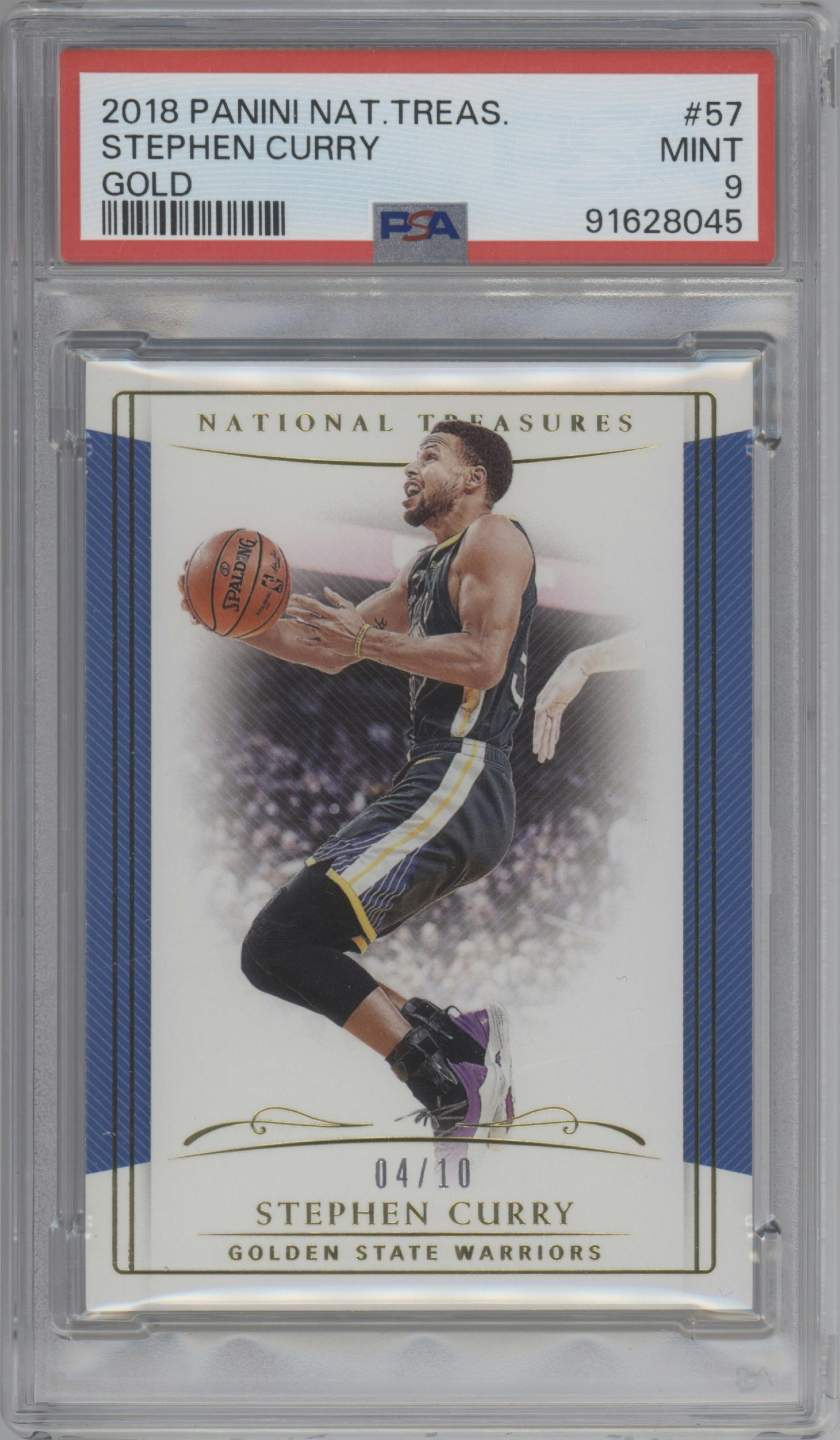 Stephen Curry from the 2018-19 Panini National Treasures set featuring a Gold parallel graded by PSA and given an overall grade of 9.