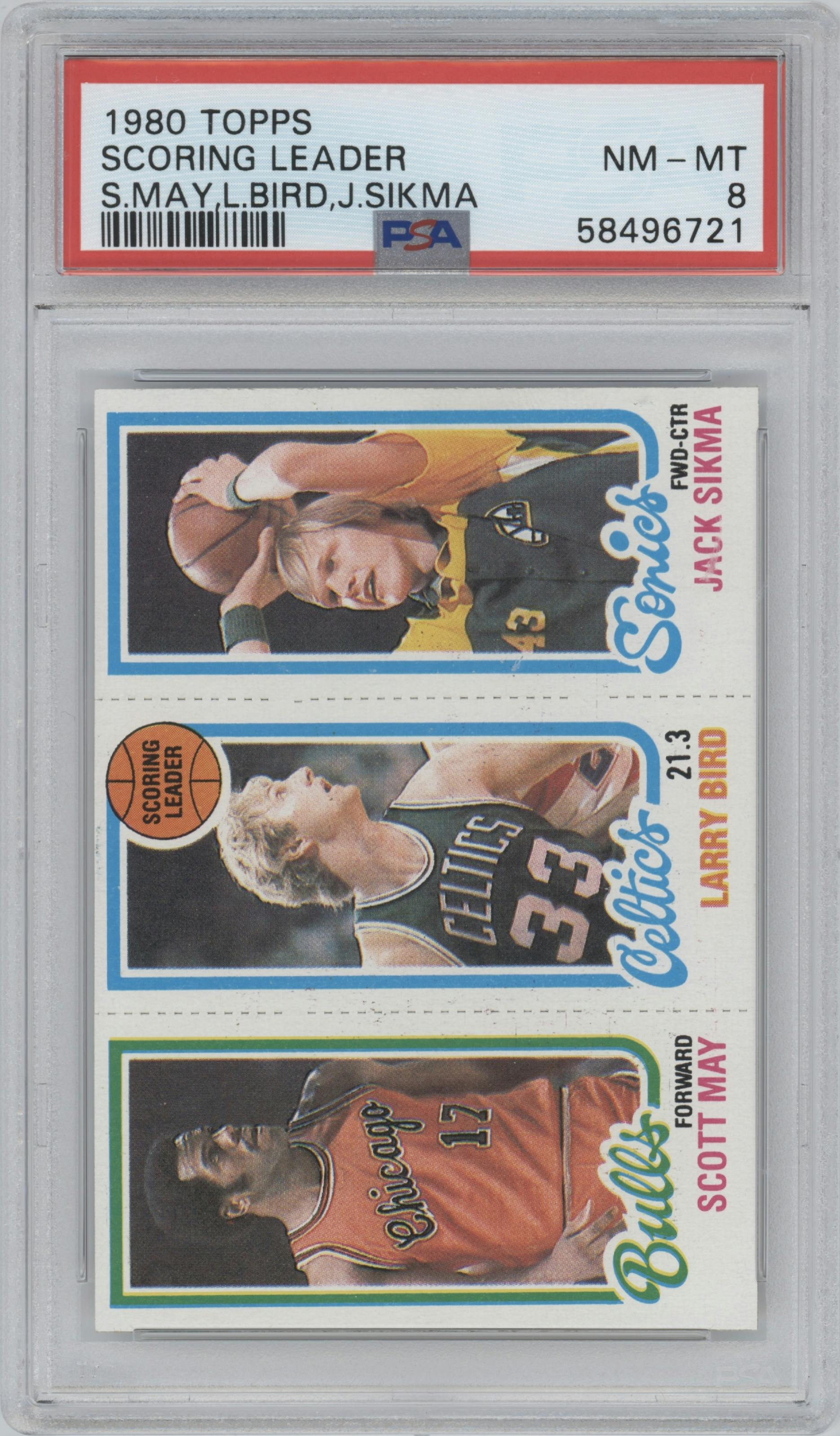 Jack Sikma/Larry Bird/Scott May from the 1980-81 Topps set graded by PSA and given an overall grade of 8.