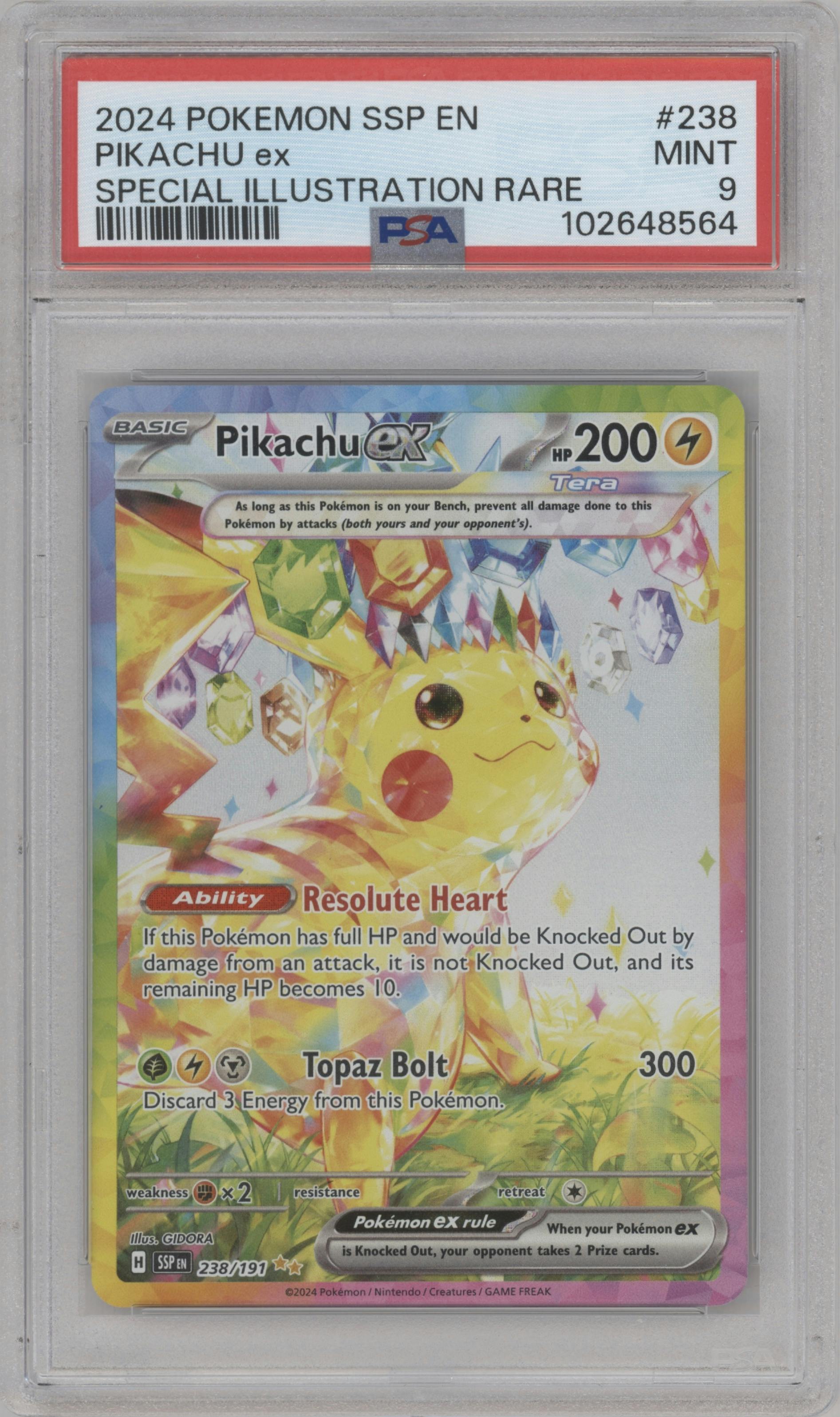 Pikachu ex from the 2024 Pokemon SV set graded by PSA and given an overall grade of 9.