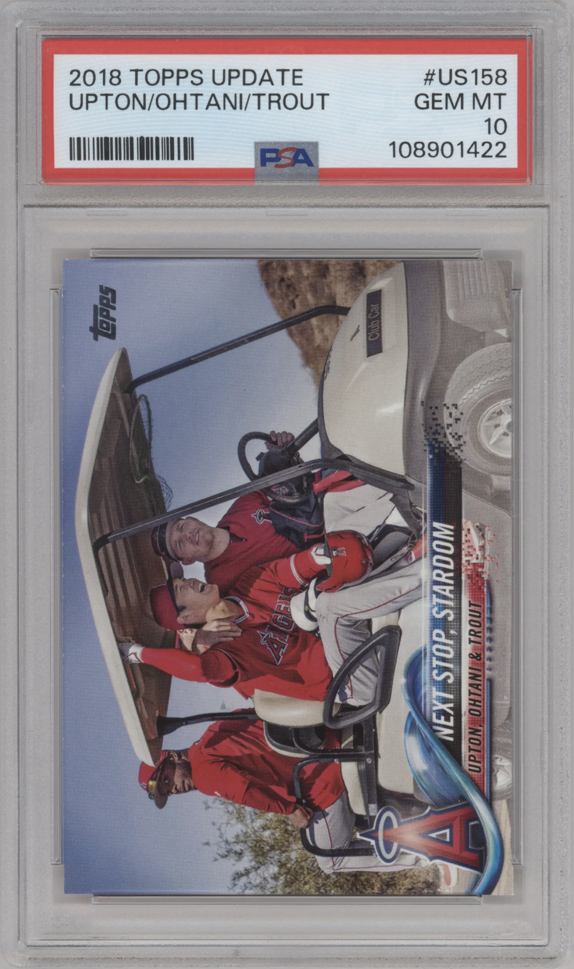 Justin Upton/Shohei Ohtani/Mike Trout from the 2018 Topps Update set graded by PSA and given an overall grade of 10.