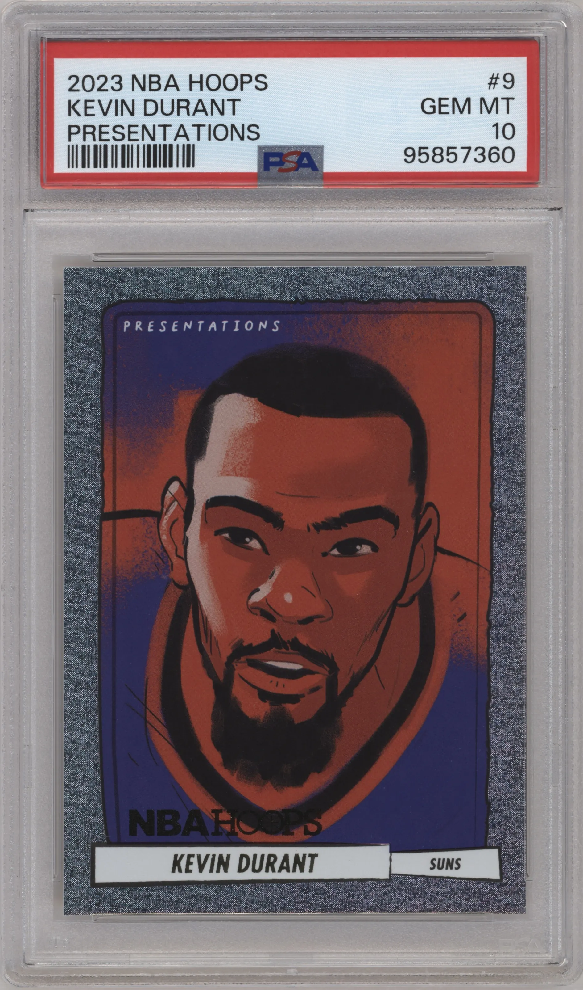 Kevin Durant from the 2023-24 Panini NBA Hoops set graded by PSA and given an overall grade of 10.