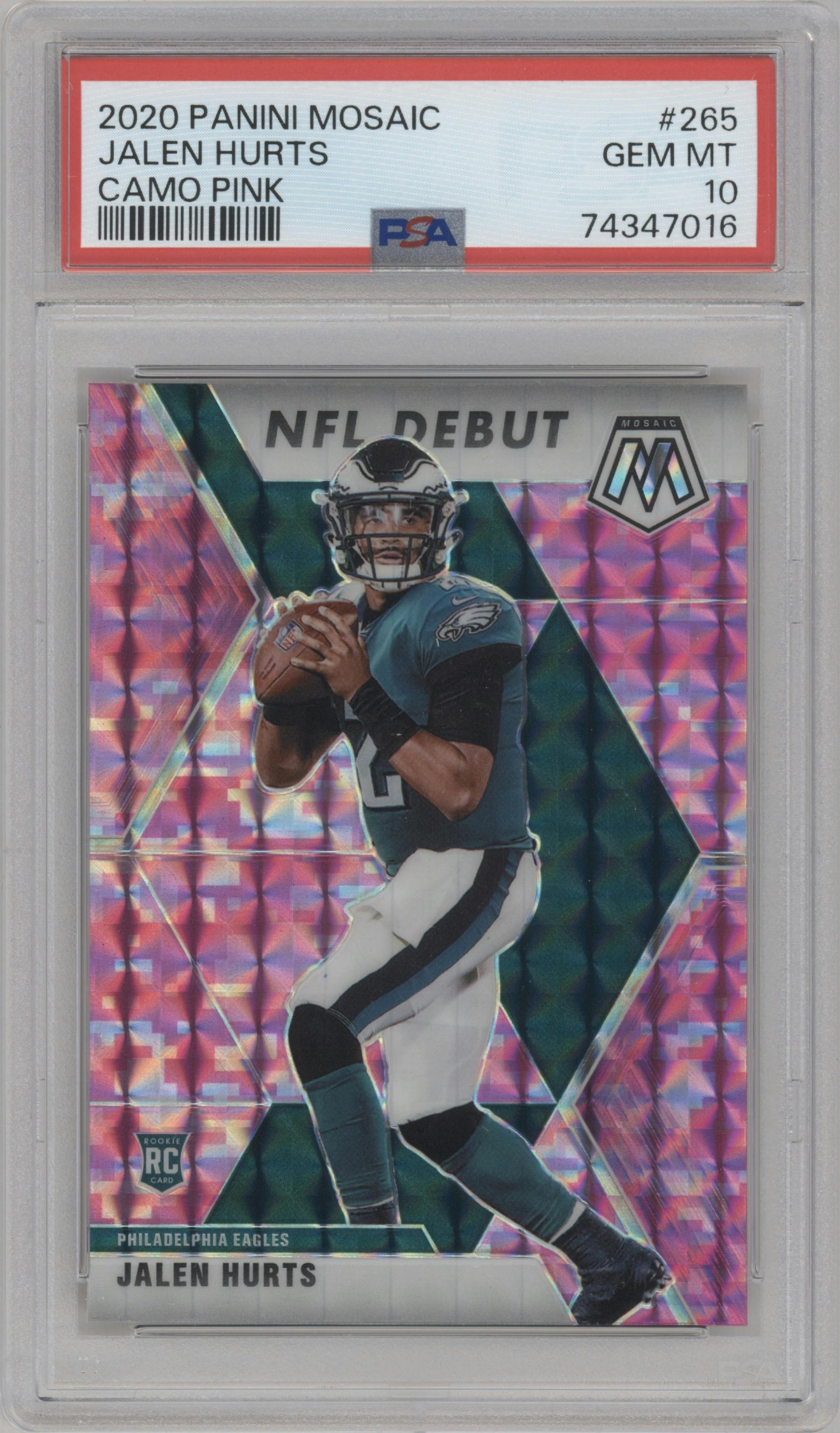 Jalen Hurts from the 2020 Panini Mosaic set featuring a Pink Camo parallel graded by PSA and given an overall grade of 10.