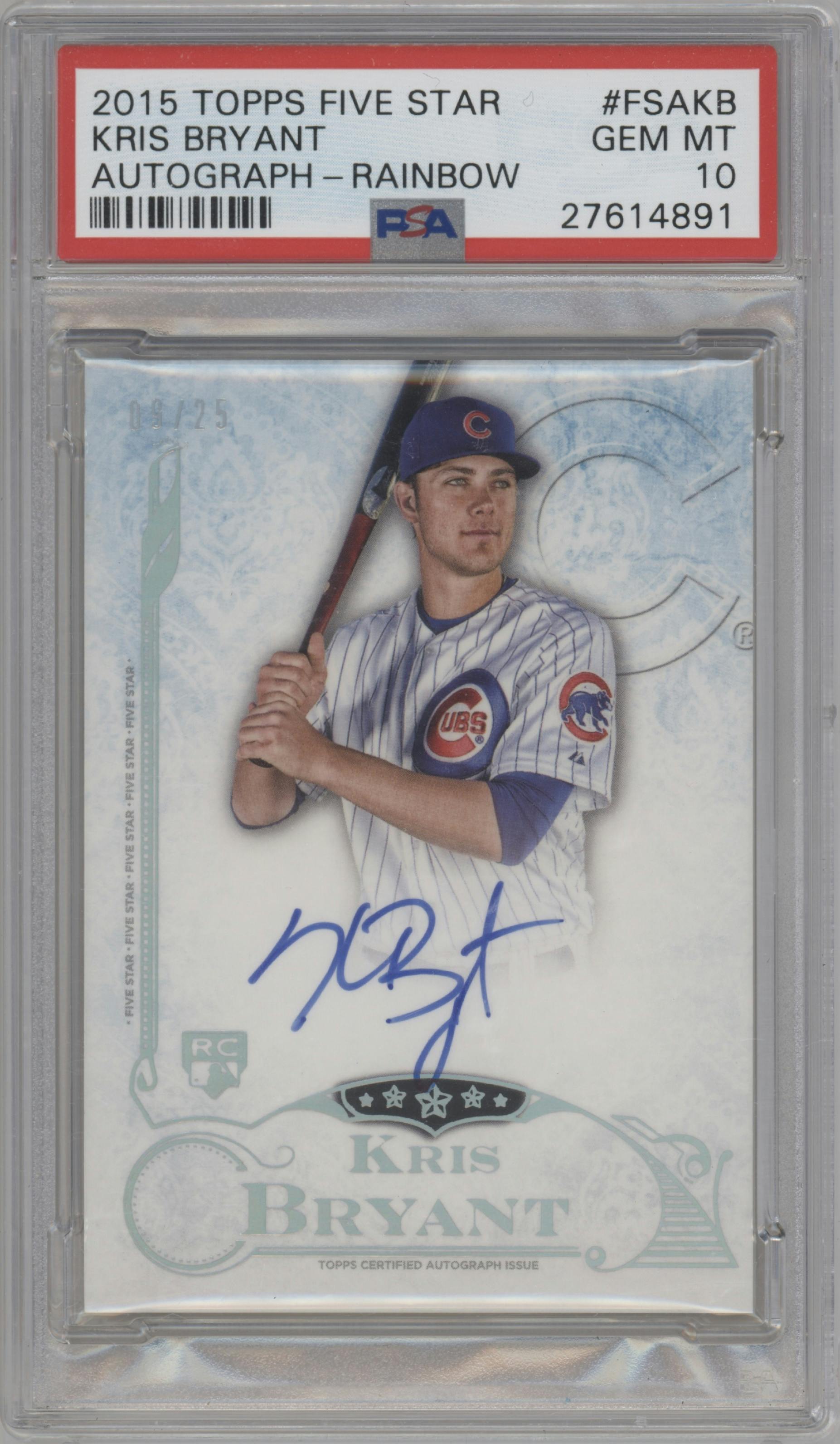 Kris Bryant from the 2015 Topps Five Star set featuring a Rainbow parallel graded by PSA and given an overall grade of 10.