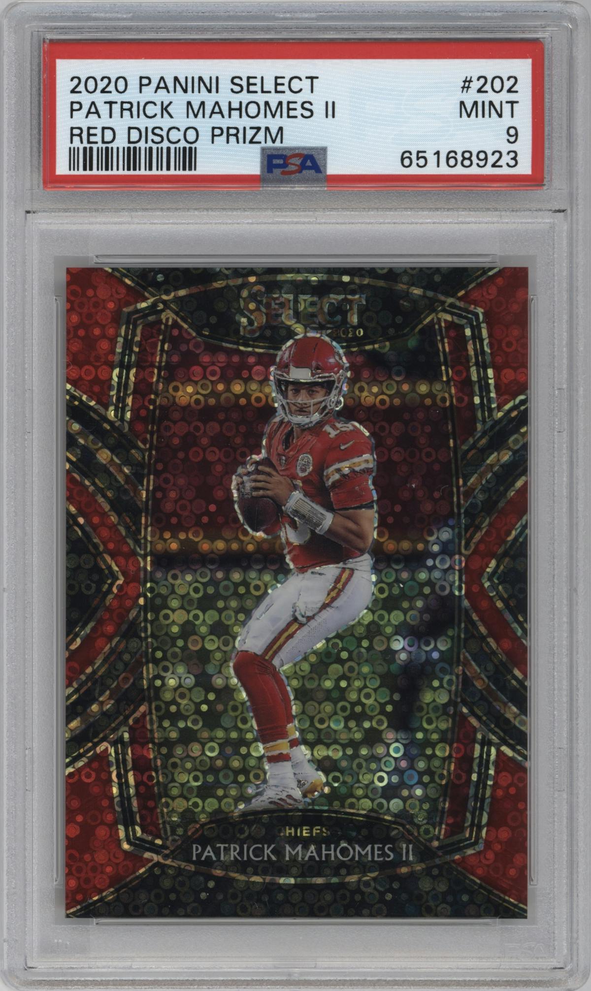 Patrick Mahomes II from the 2020 Panini Select set featuring a Disco Red parallel graded by PSA and given an overall grade of 9.