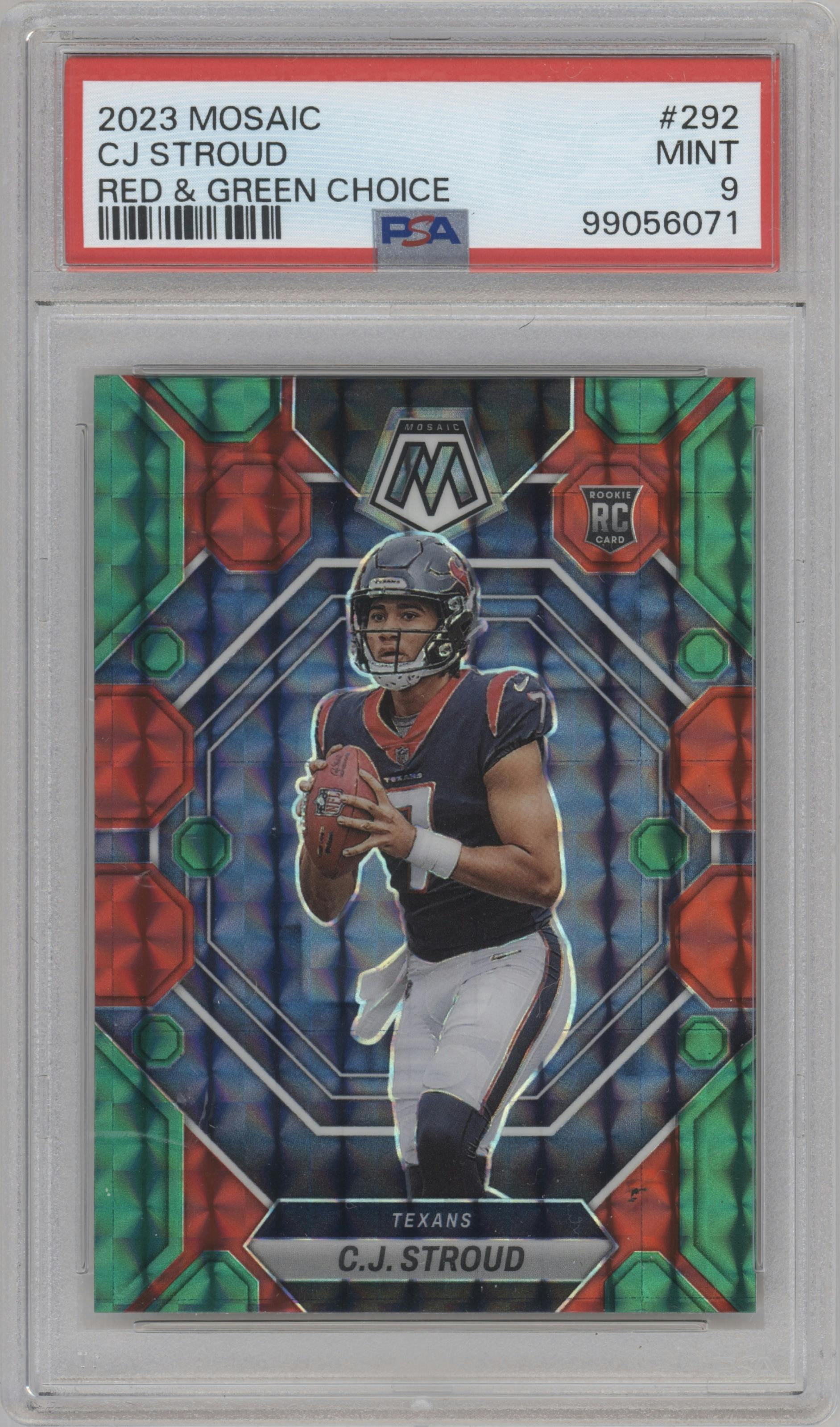 C.J. Stroud from the 2023 Panini Mosaic set featuring a Choice Red & Green parallel graded by PSA and given an overall grade of 9.