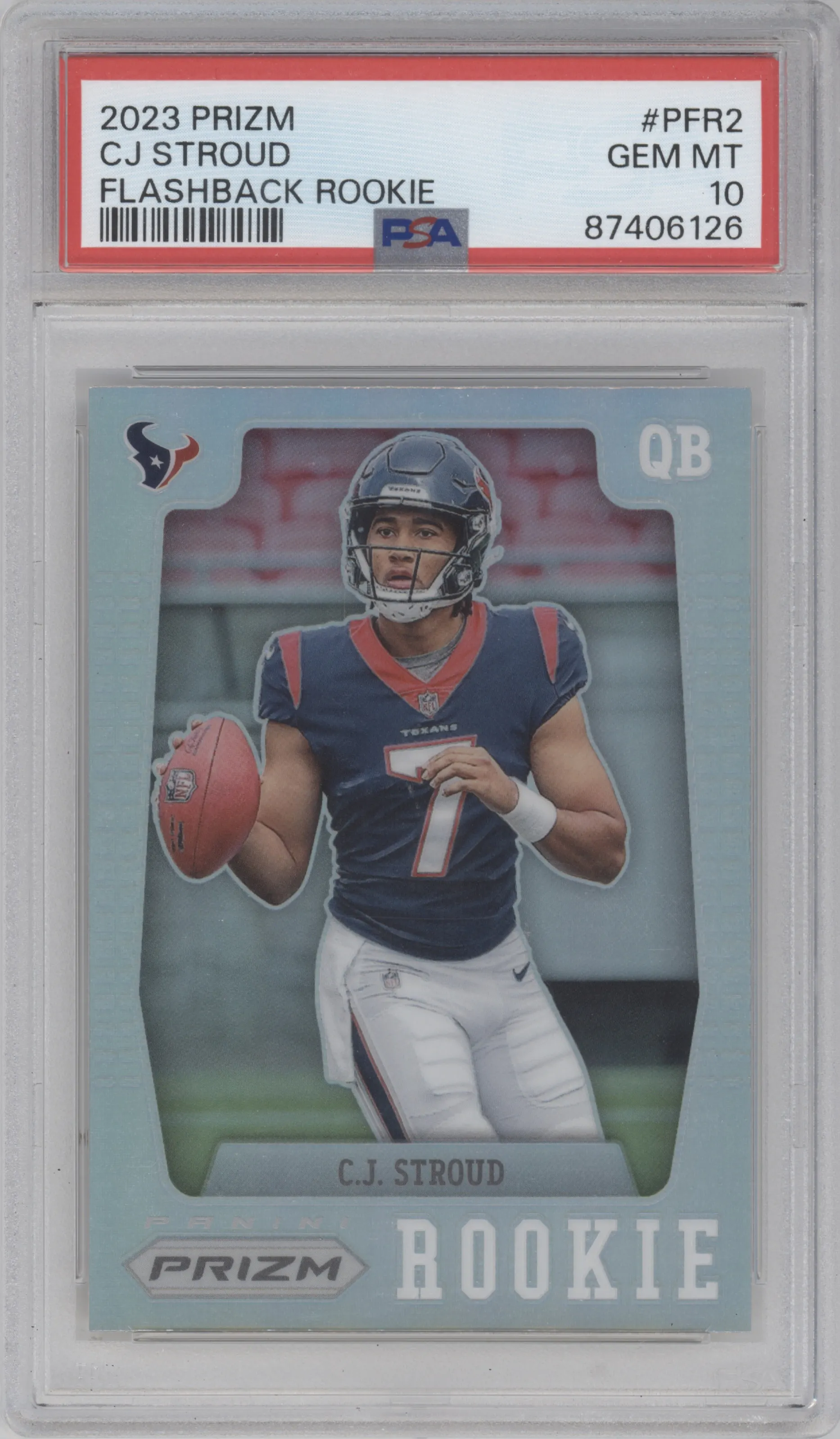 C.J. Stroud from the 2023 Panini Prizm set featuring a Silver Prizm parallel graded by PSA and given an overall grade of 10.