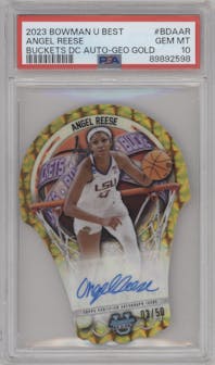 Angel Reese from the 2023-24 Bowman Best University set featuring a Geometric Gold Refractor parallel graded by PSA and given an overall grade of 10.