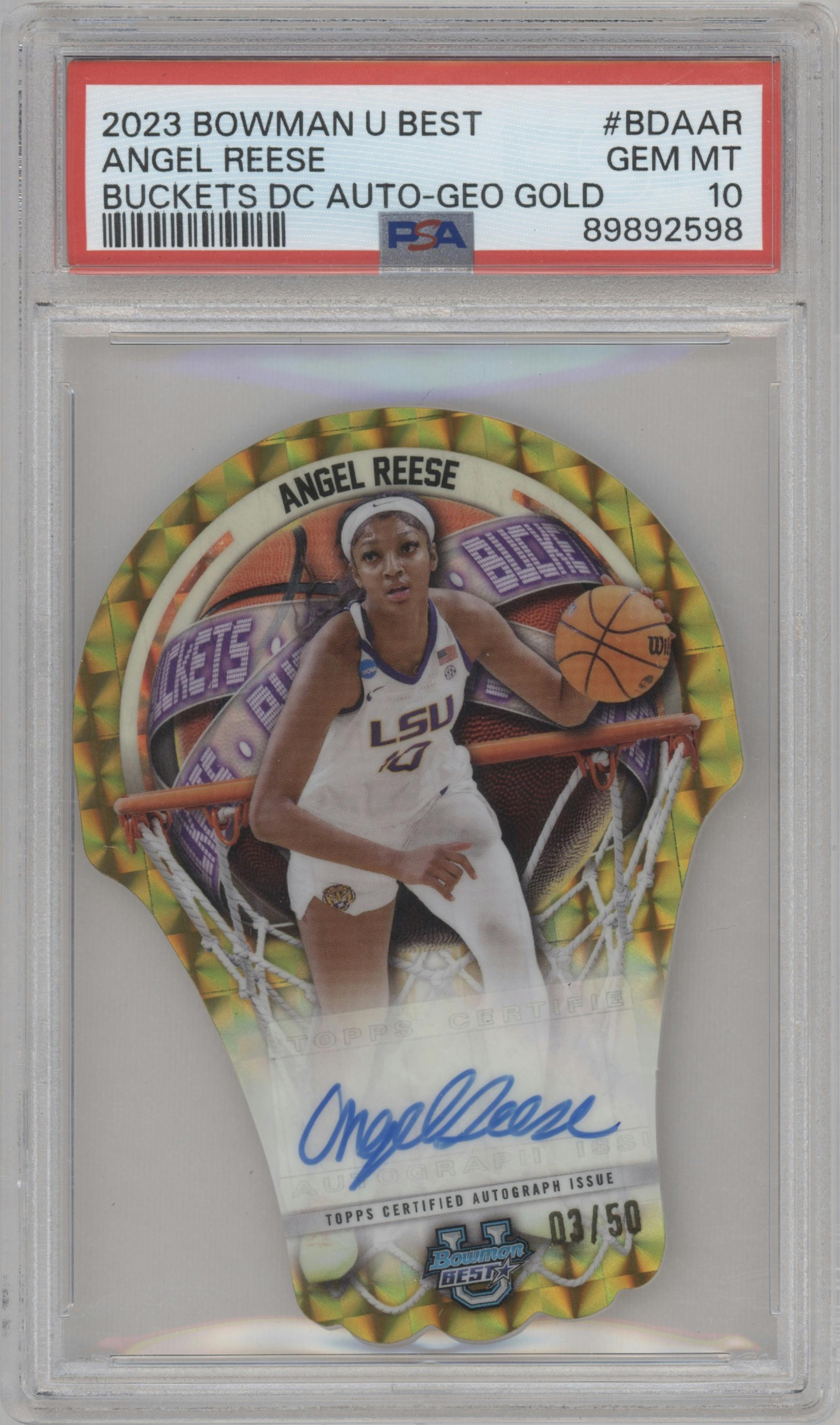 Angel Reese from the 2023-24 Bowman Best University set featuring a Geometric Gold Refractor parallel graded by PSA and given an overall grade of 10.
