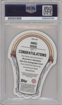Angel Reese from the 2023-24 Bowman Best University set featuring a Geometric Gold Refractor parallel graded by PSA and given an overall grade of 10.