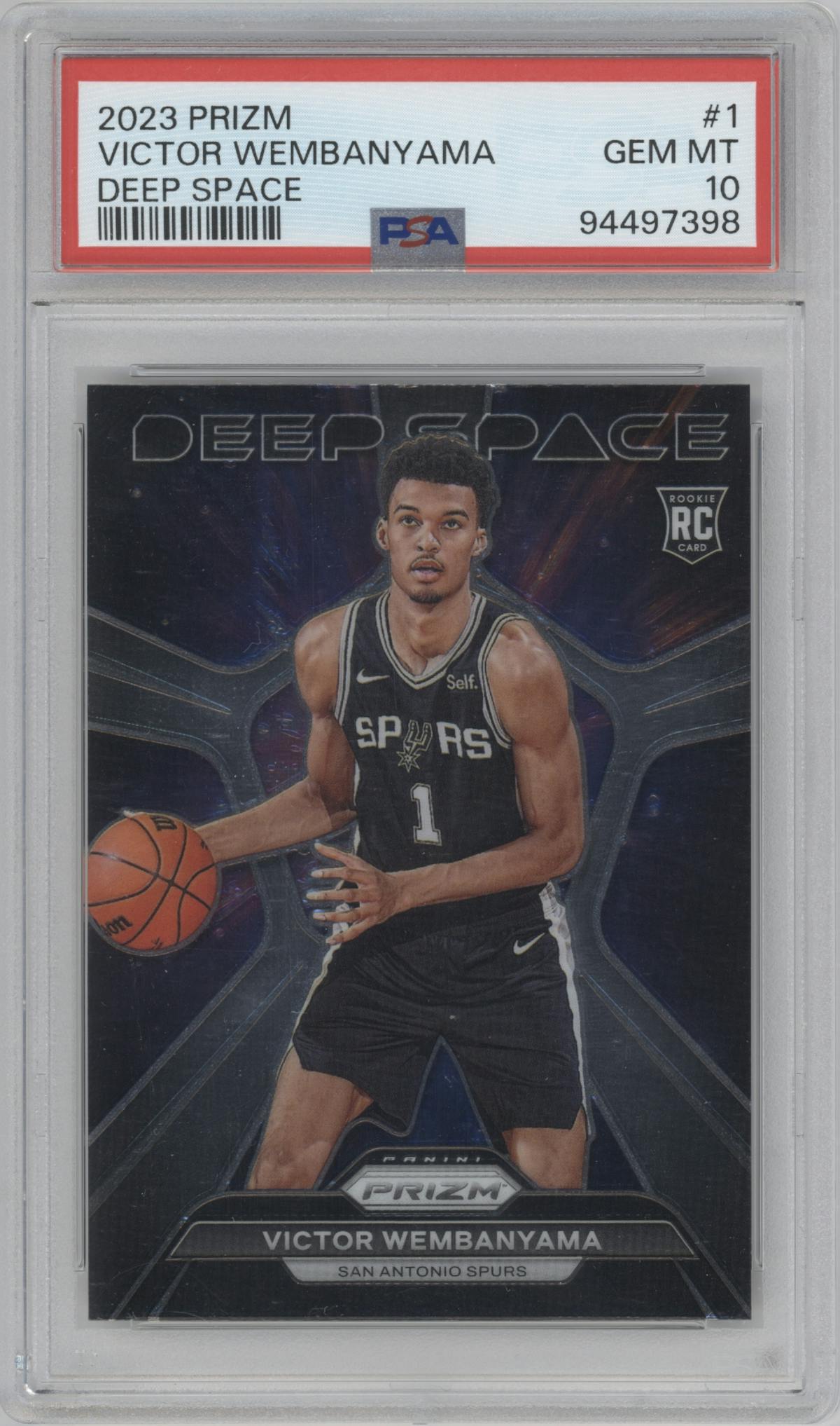Victor Wembanyama from the 2023-24 Panini Prizm set graded by PSA and given an overall grade of 10.