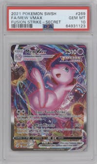 Mew VMAX from the 2021 Pokemon SWSH set graded by PSA and given an overall grade of 10.