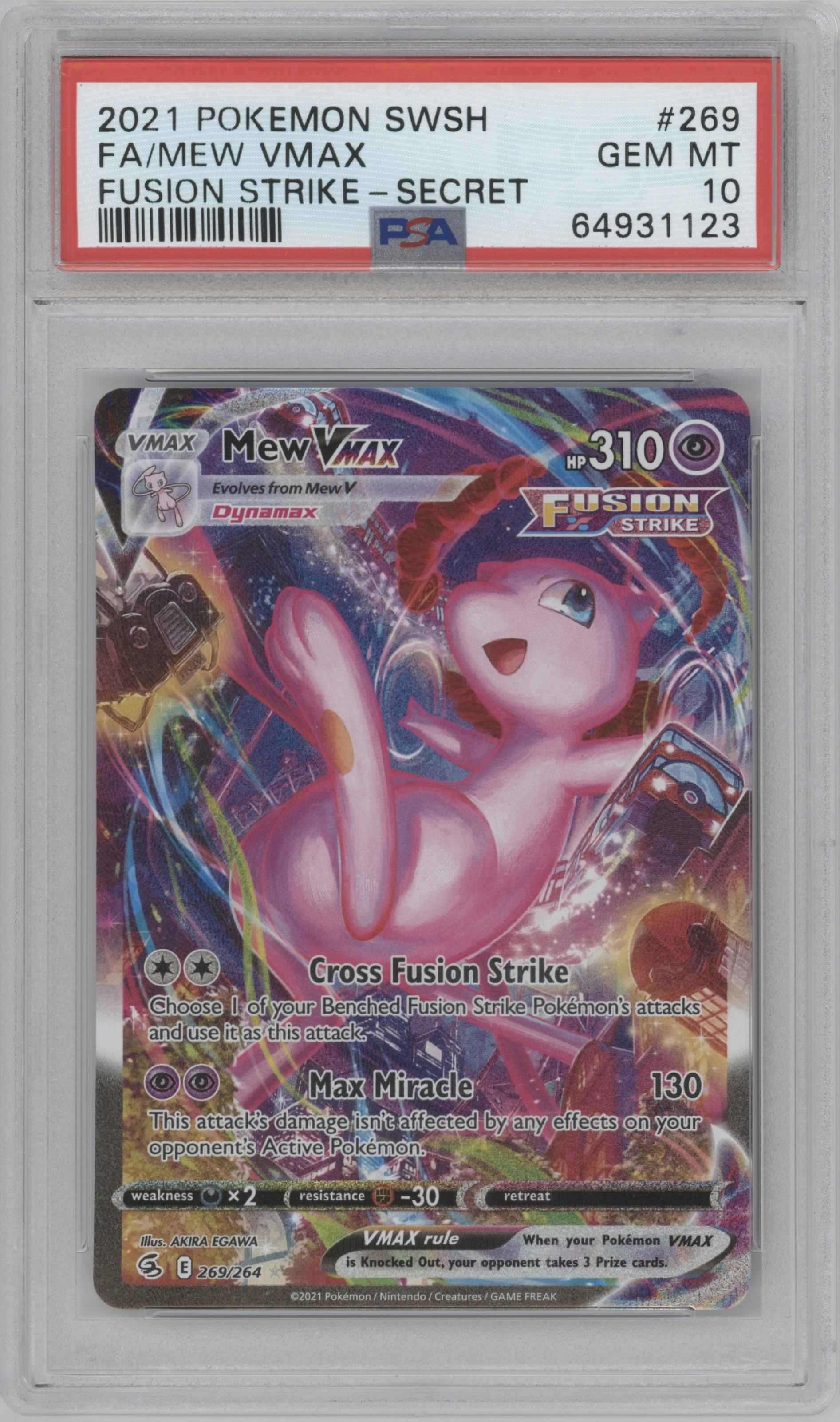 Mew VMAX from the 2021 Pokemon SWSH set graded by PSA and given an overall grade of 10.