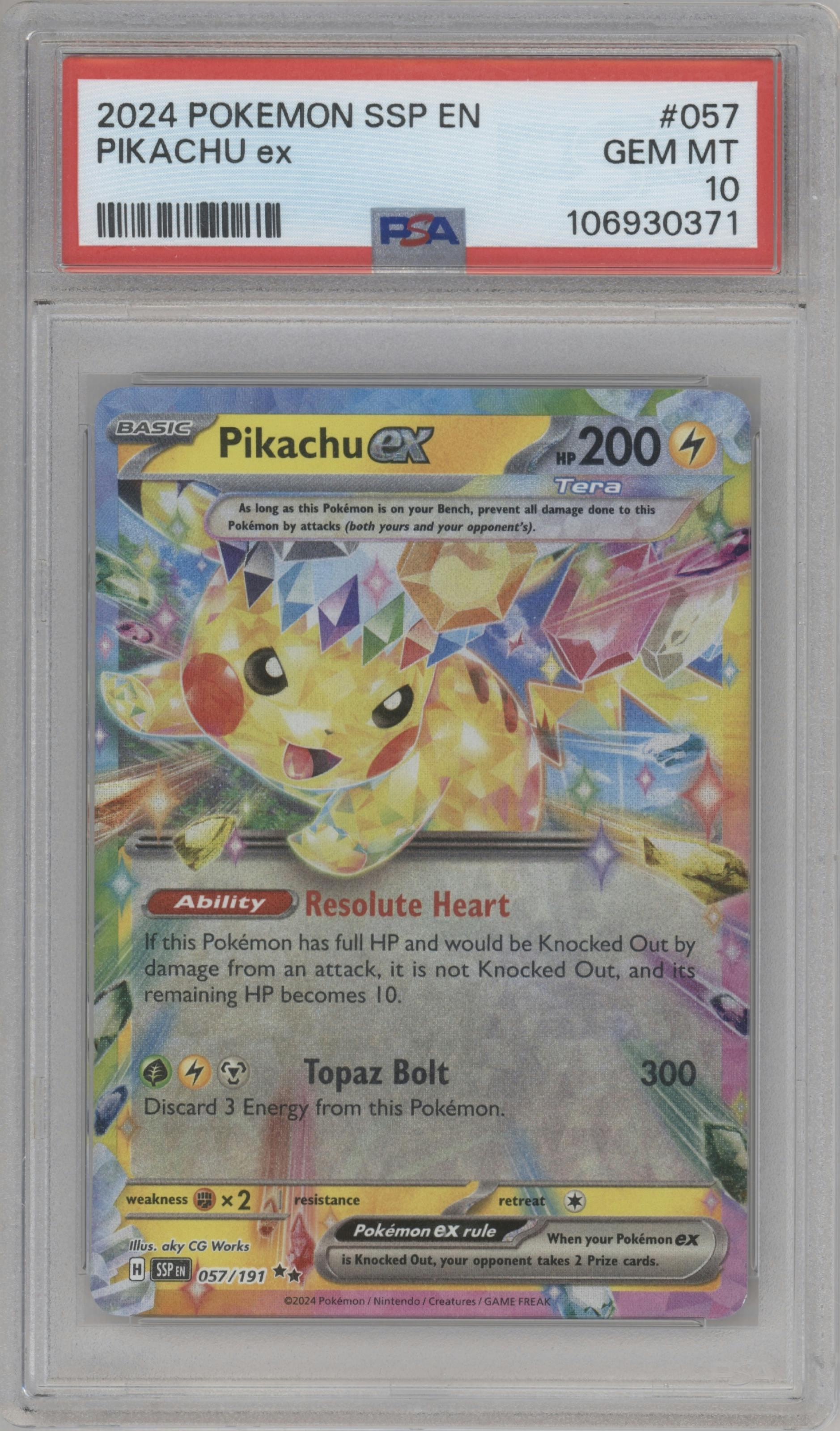 Pikachu ex from the 2024 Pokemon SV set graded by PSA and given an overall grade of 10.