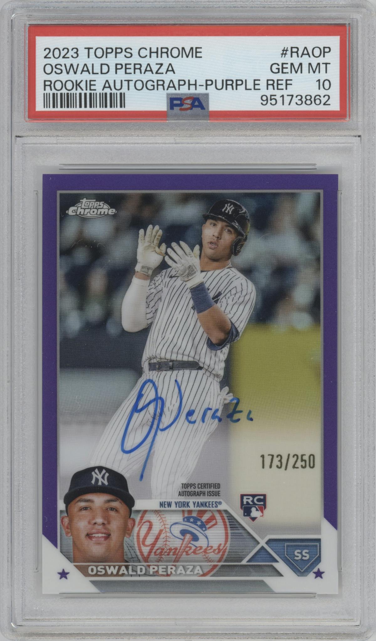 Oswald Peraza from the 2023 Topps Chrome set featuring a Purple Refractor parallel graded by PSA and given an overall grade of 10.