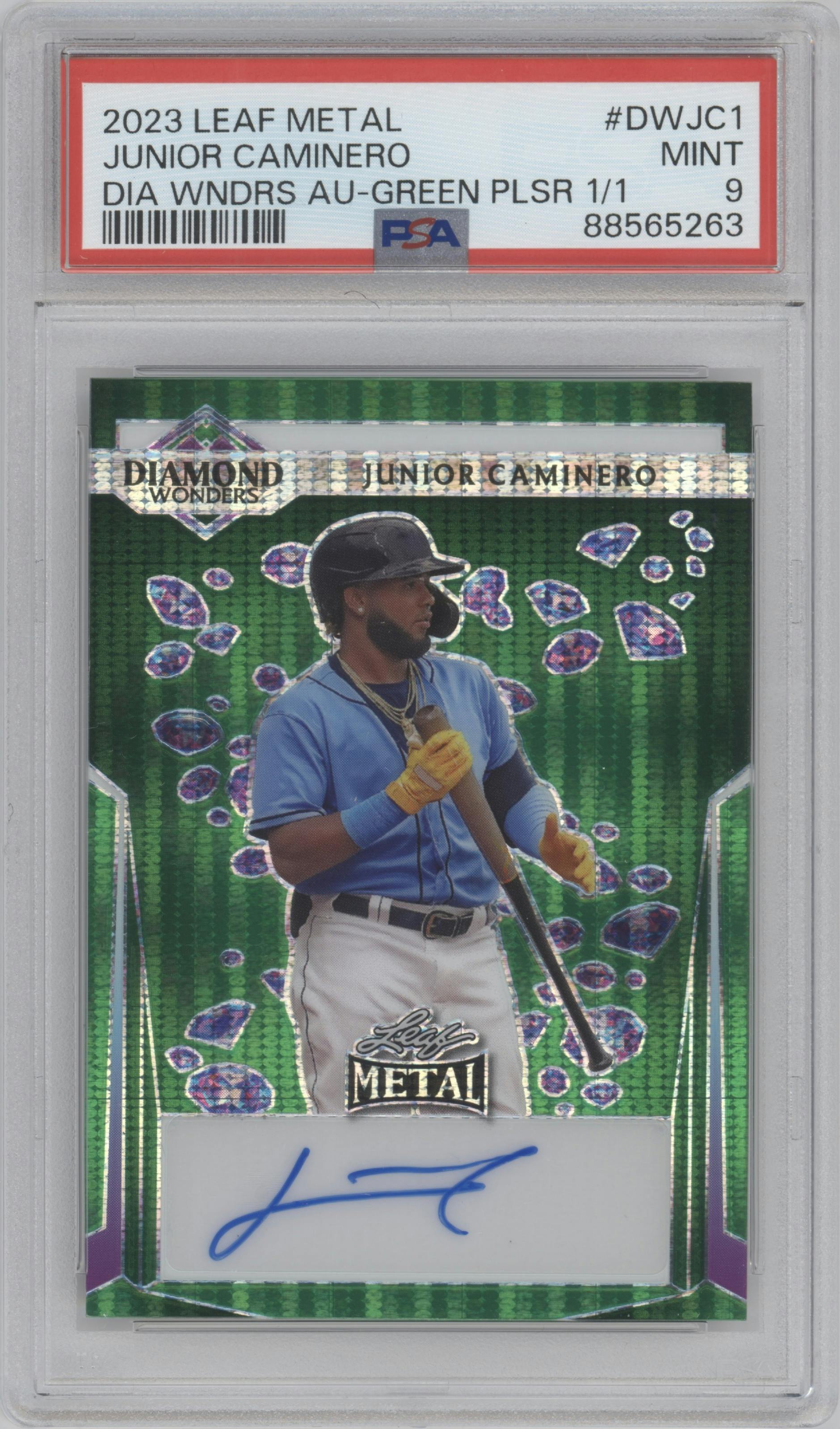 Junior Caminero from the 2023 Leaf Metal set featuring a Green Pulsar parallel graded by PSA and given an overall grade of 9.