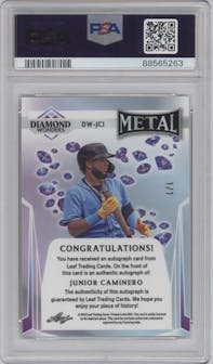 Junior Caminero from the 2023 Leaf Metal set featuring a Green Pulsar parallel graded by PSA and given an overall grade of 9.