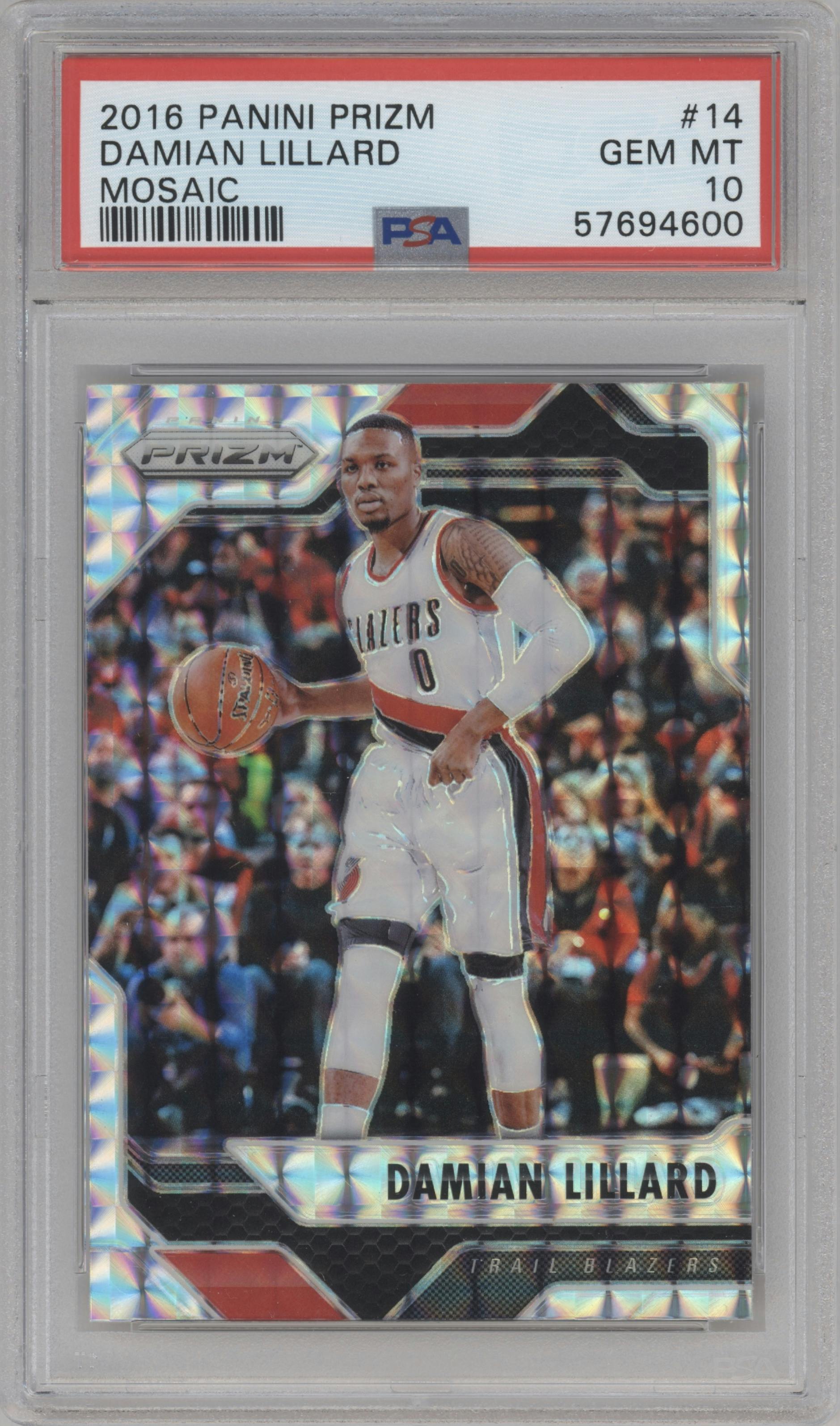 Damian Lillard from the 2016-17 Panini Mosaic Prizm set graded by PSA and given an overall grade of 10.