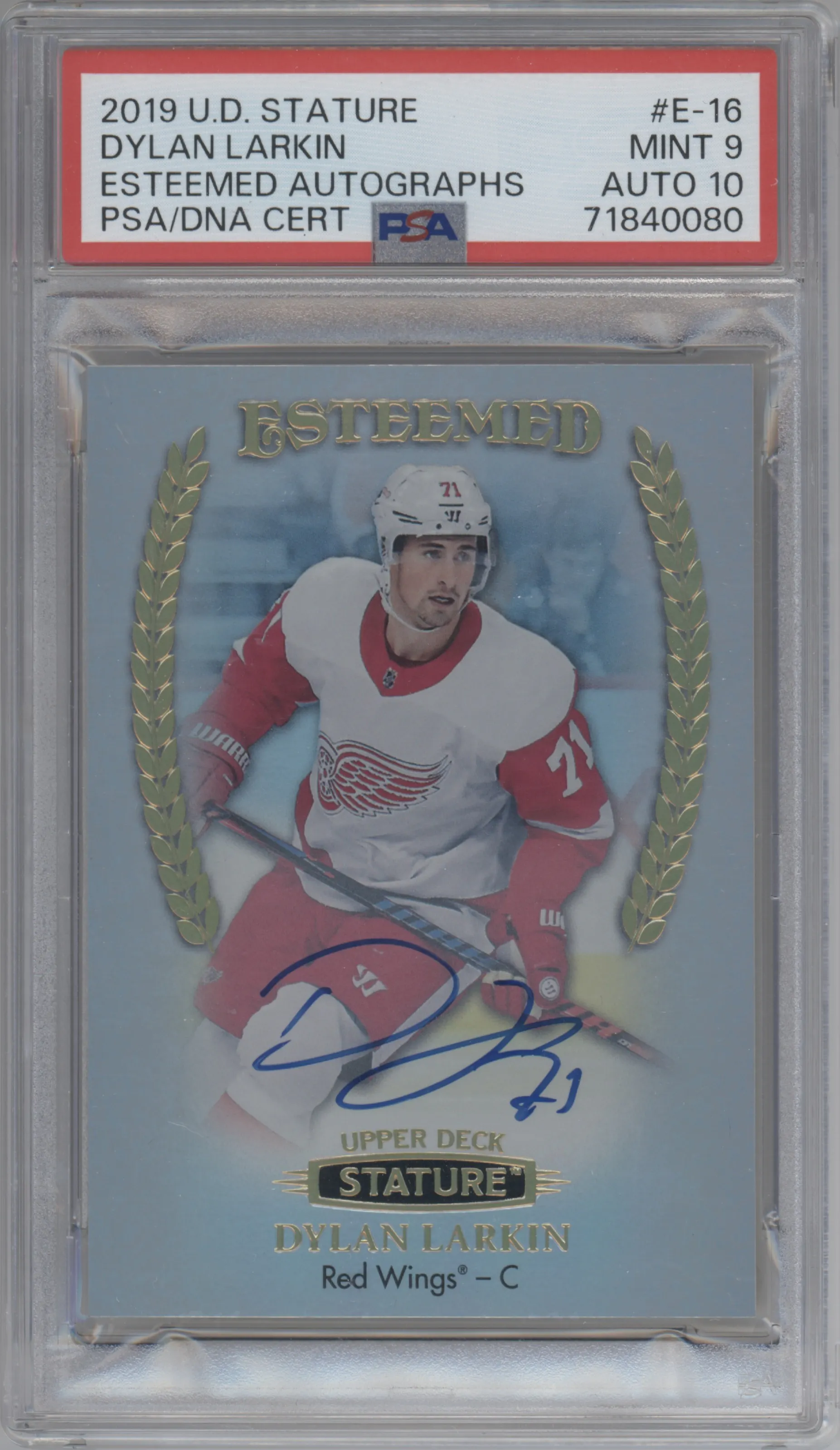 Dylan Larkin  from the 2020-21 Upper Deck Stature set graded by PSA and given an overall grade of 9.