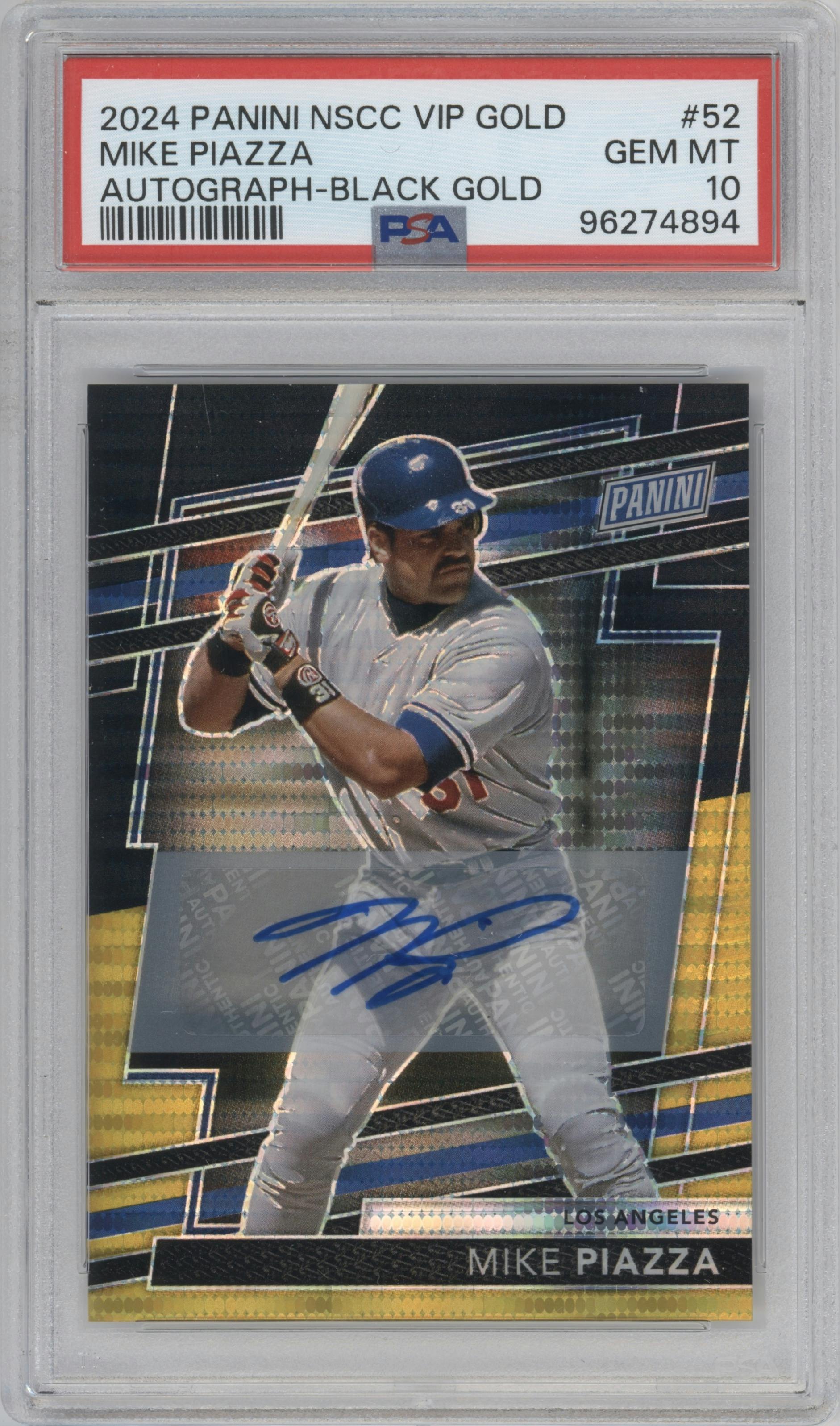 Mike Piazza from the 2024 Panini The National VIP set featuring a Black Gold parallel graded by PSA and given an overall grade of 10.