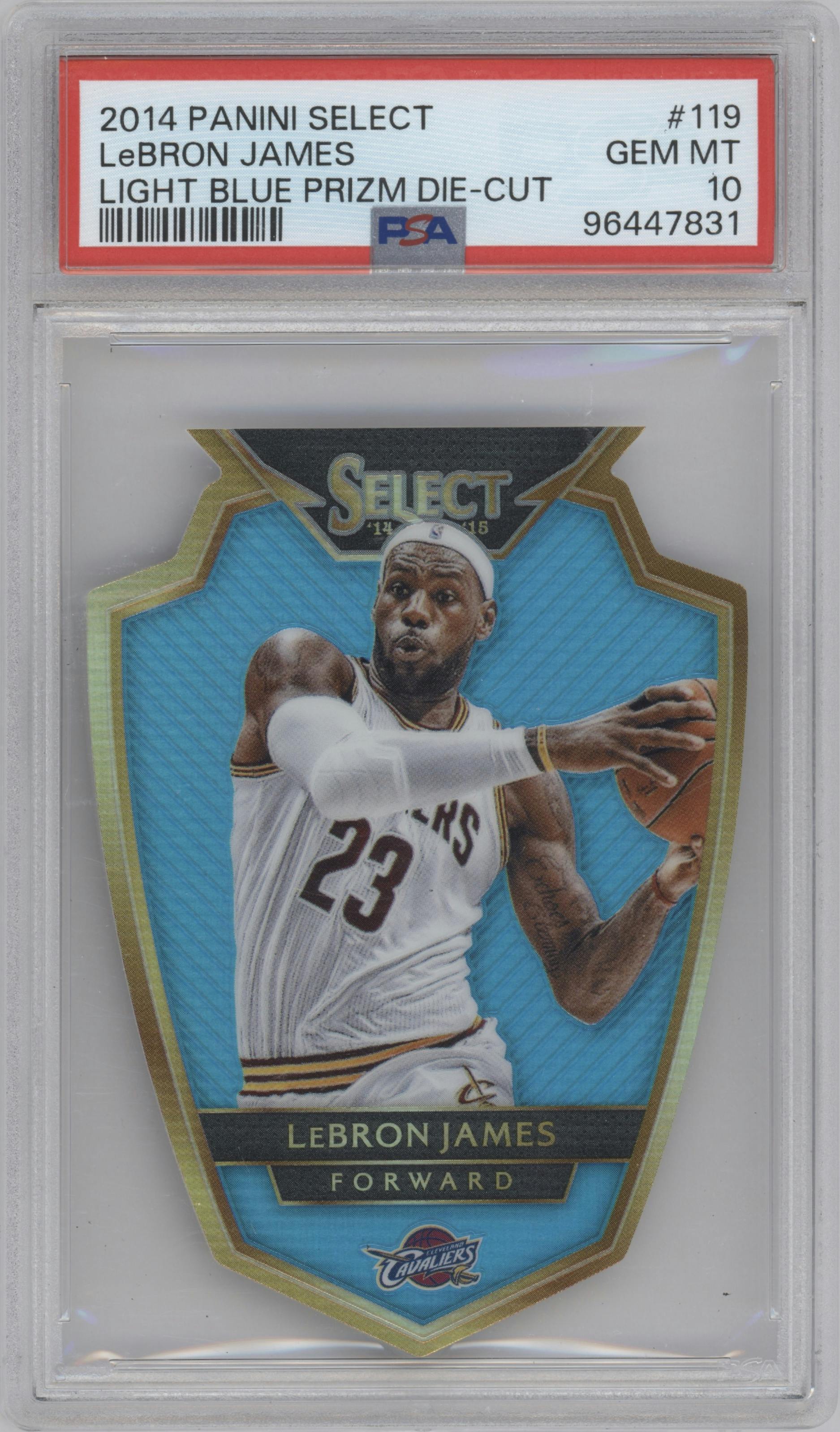 LeBron James from the 2014-15 Panini Select set featuring a Die-Cut Light Blue  parallel graded by PSA and given an overall grade of 10.