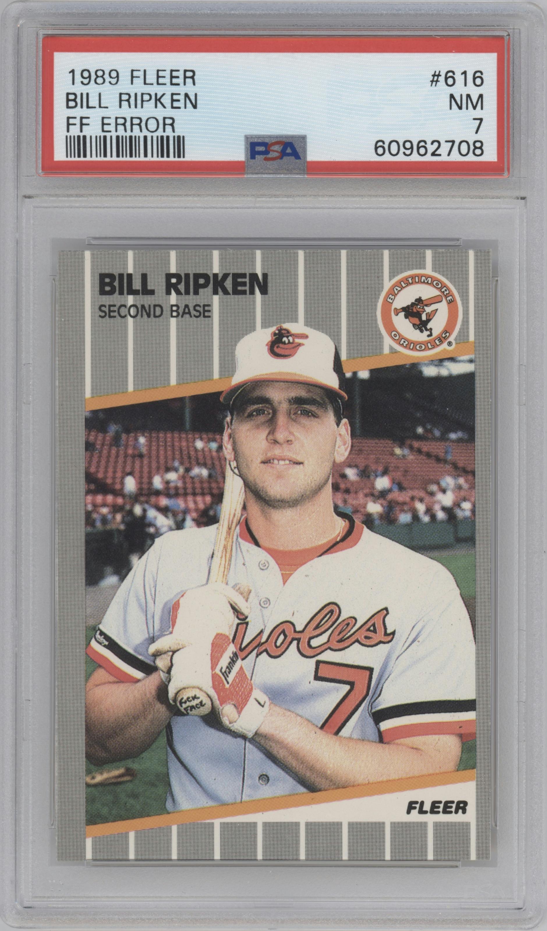 Bill Ripken from the 1989 Fleer set featuring a FF Error parallel graded by PSA and given an overall grade of 7.