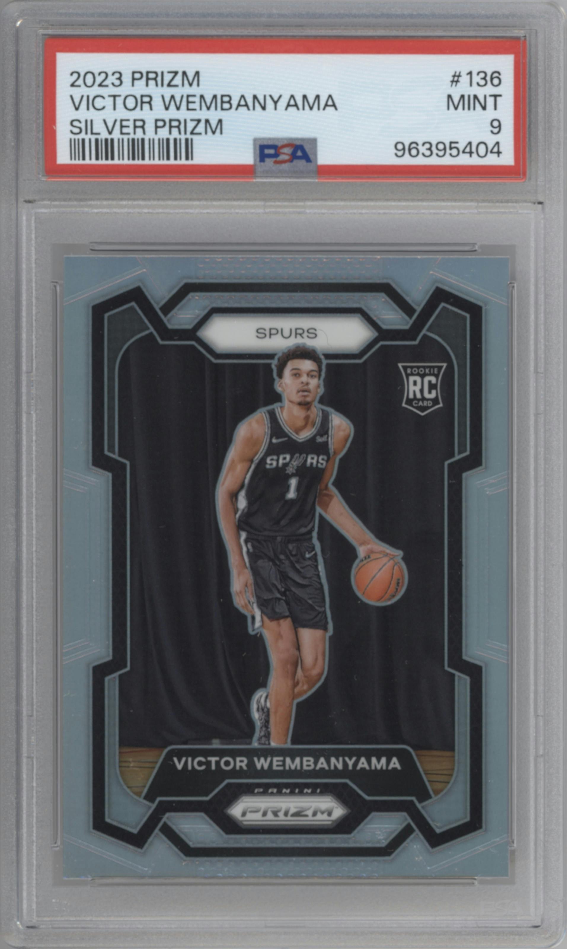 Victor Wembanyama from the 2023-24 Panini Prizm set featuring a Silver Prizm  parallel graded by PSA and given an overall grade of 9.