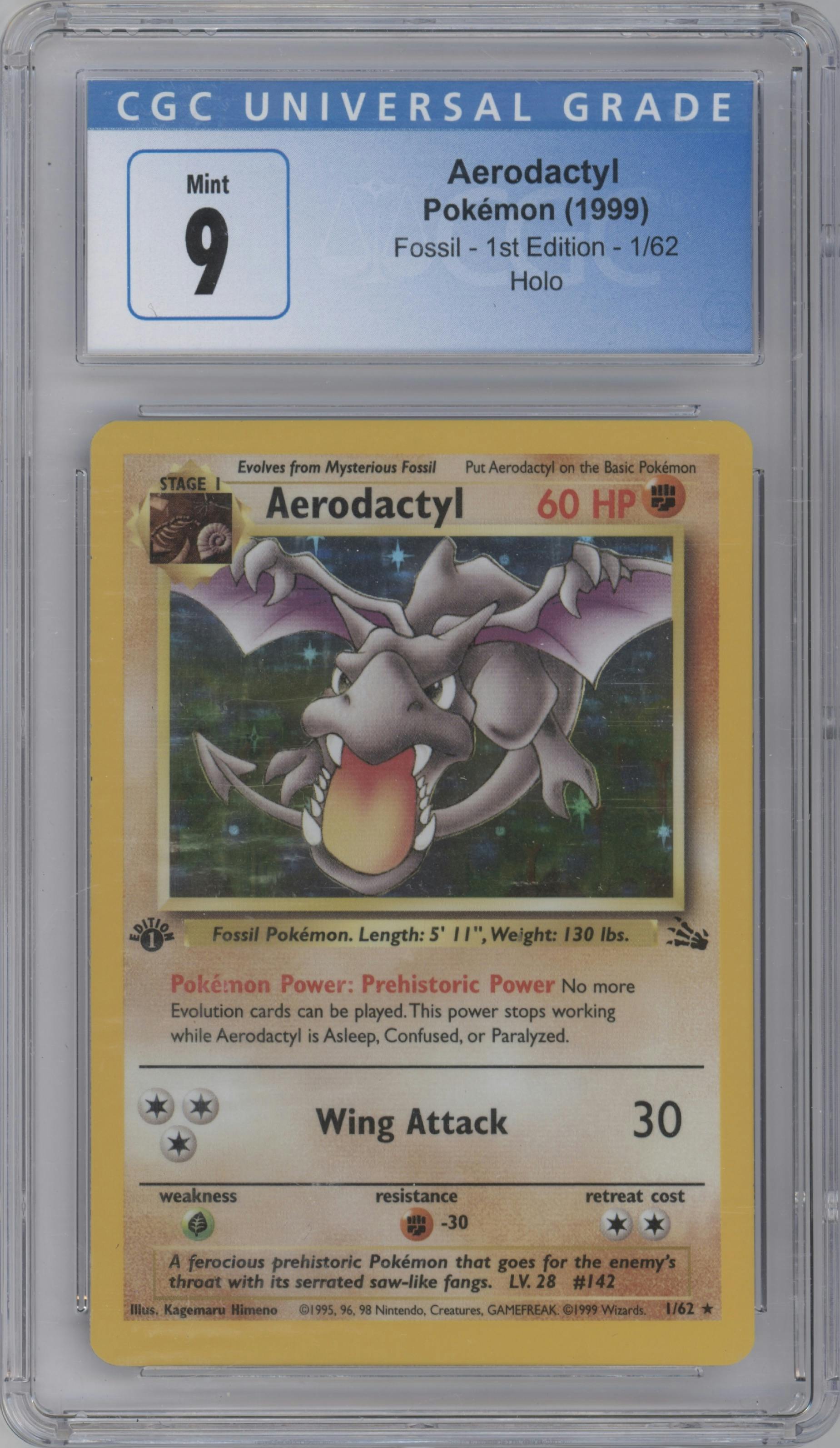 Aerodactyl from the 1999 Pokemon set graded by CSG and given an overall grade of 9.
